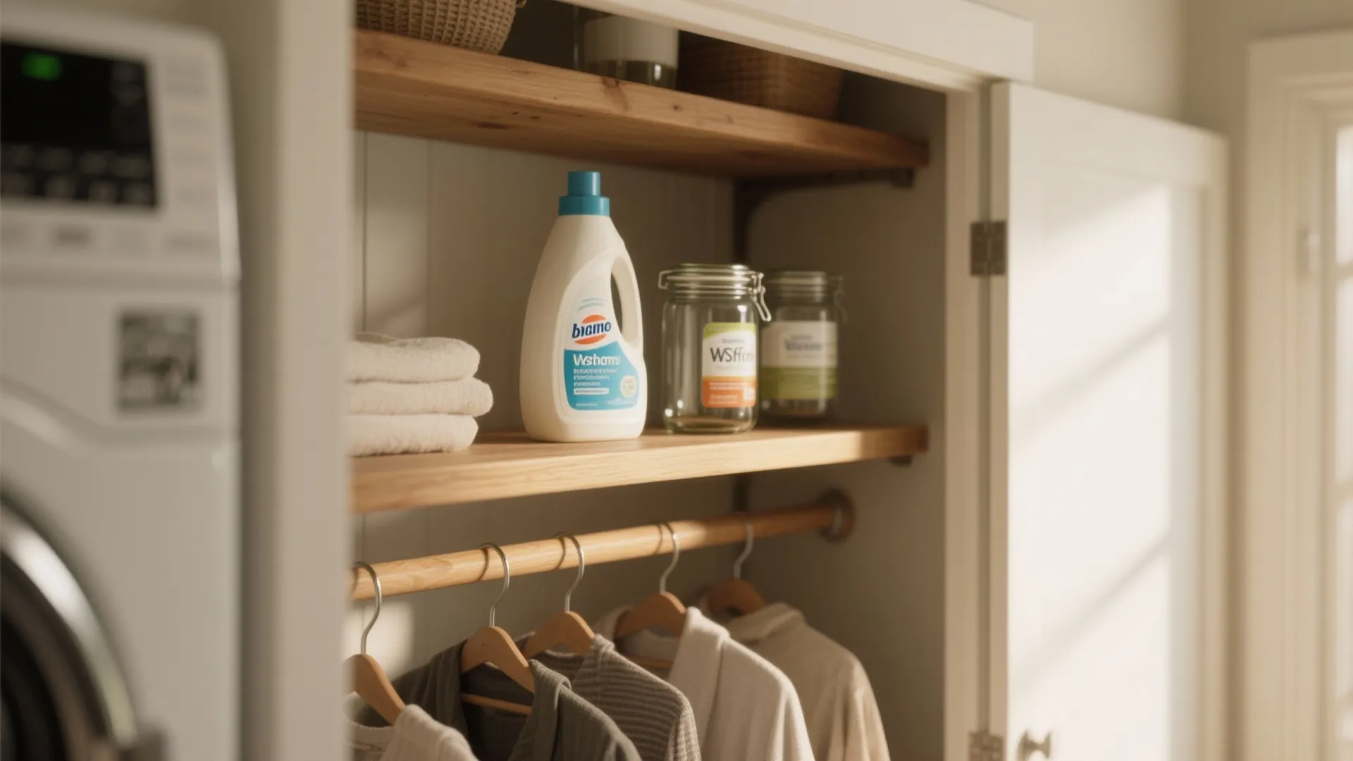 Laundry closet with wooden shelves holding detergent bottle glass jars towels and hanging clothes below