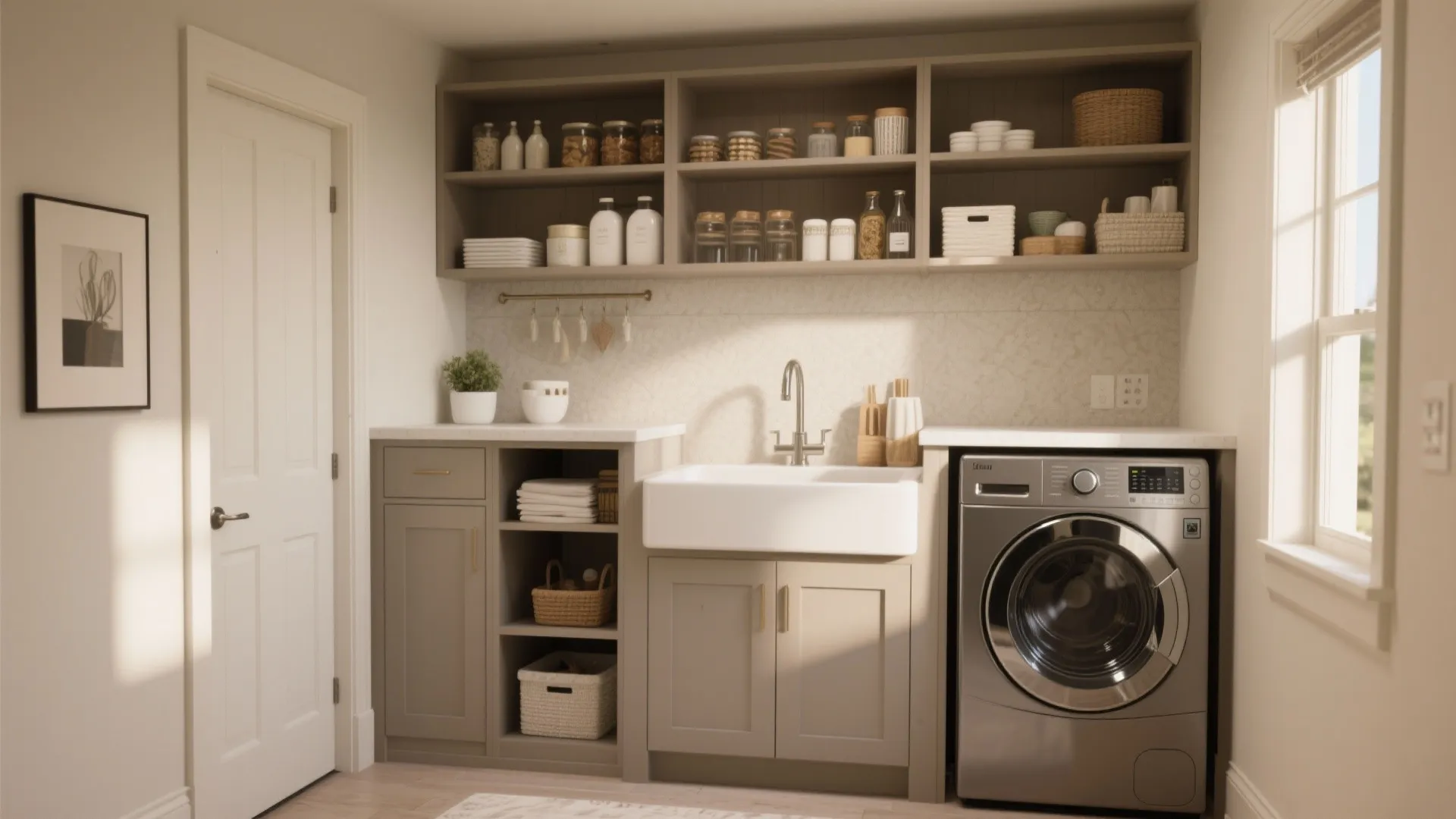 Modern laundry room featuring grey cabinets with white sink washing machine and open wooden shelving