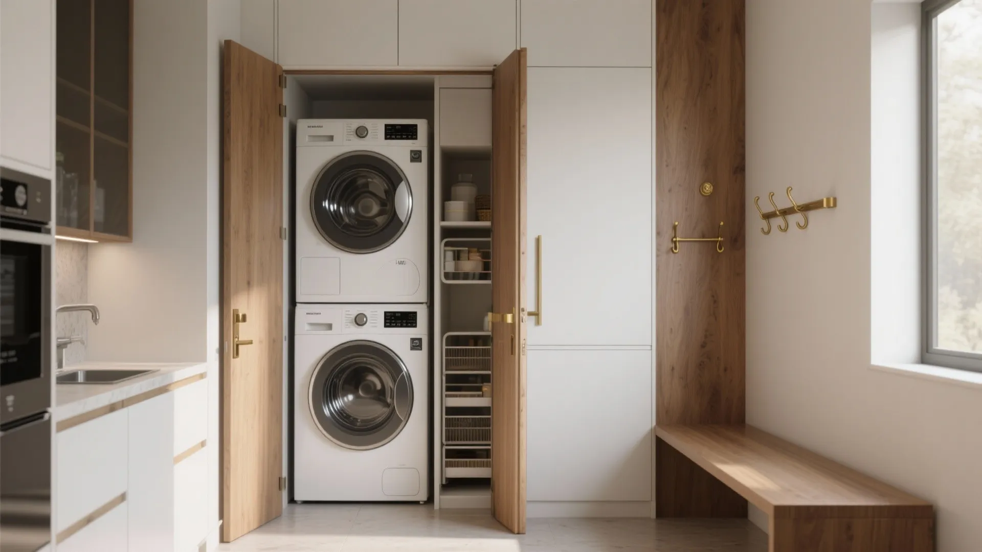 3. Smart Pantry and Laundry Stacked Near Kitchen
