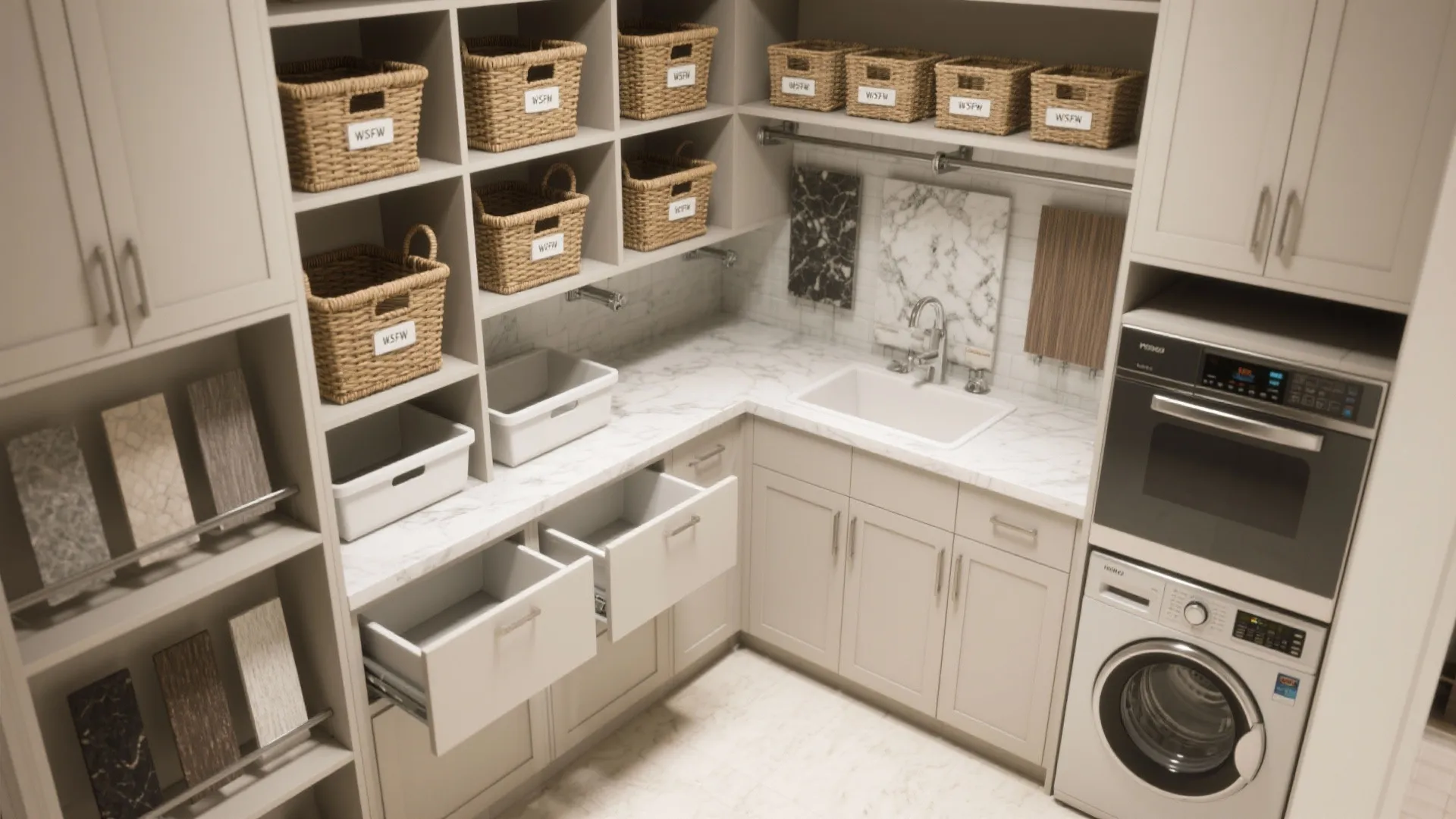 Laundry room with beige cabinets marble countertop sink stacked washer dryer and woven storage baskets