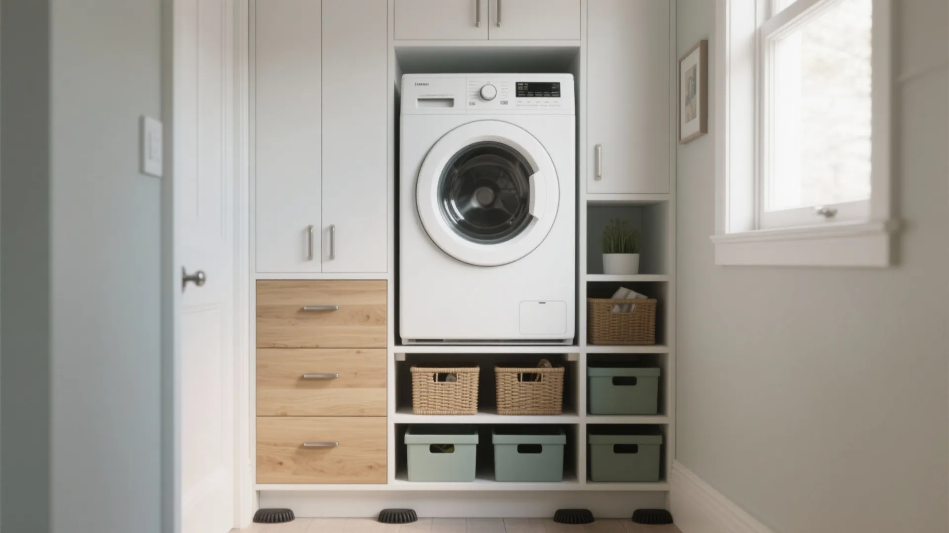 Modern laundry room featuring white washing machine built into white cabinet with wood storage drawers