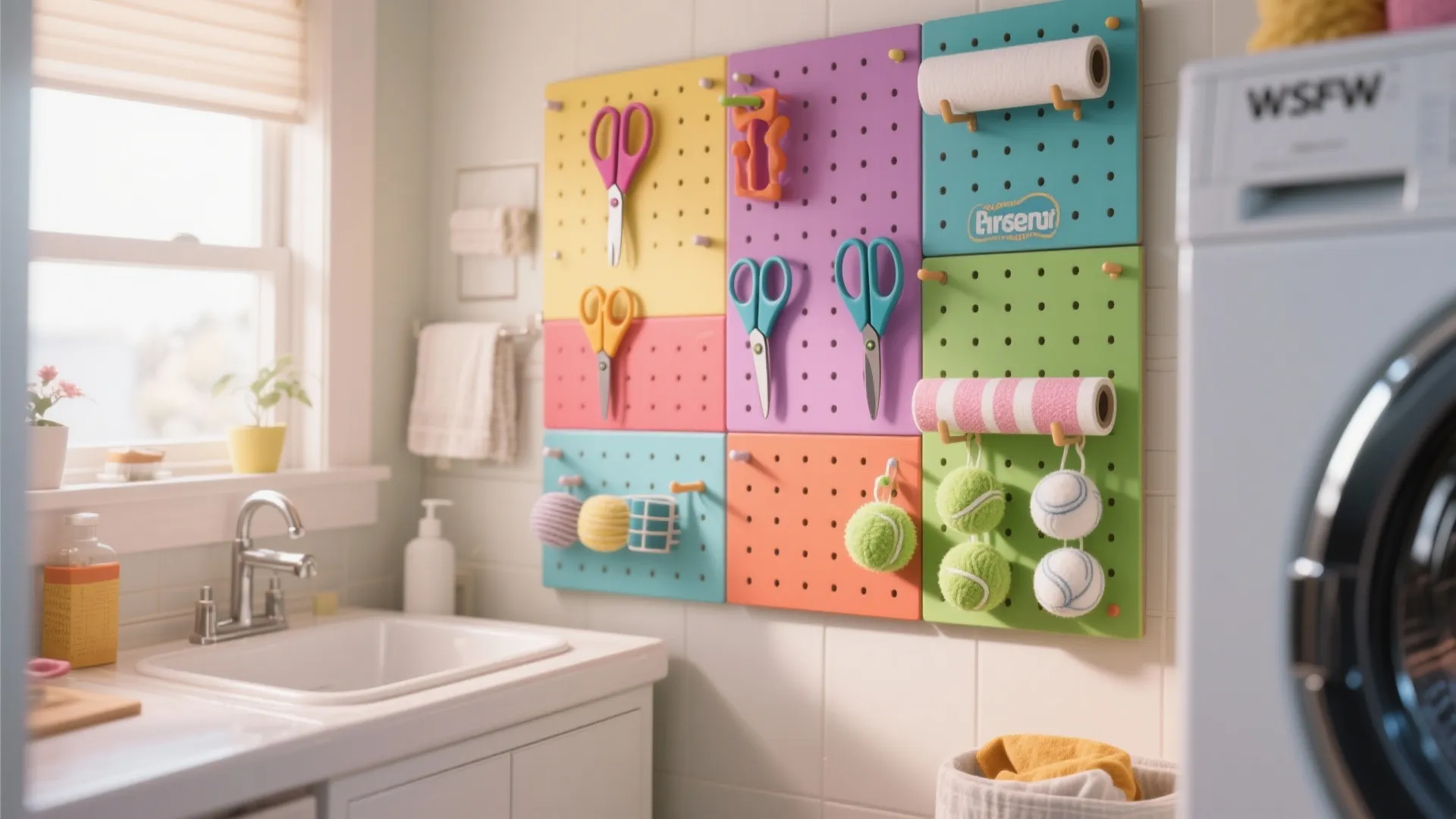 Colorful pegboard holding laundry tools and supplies