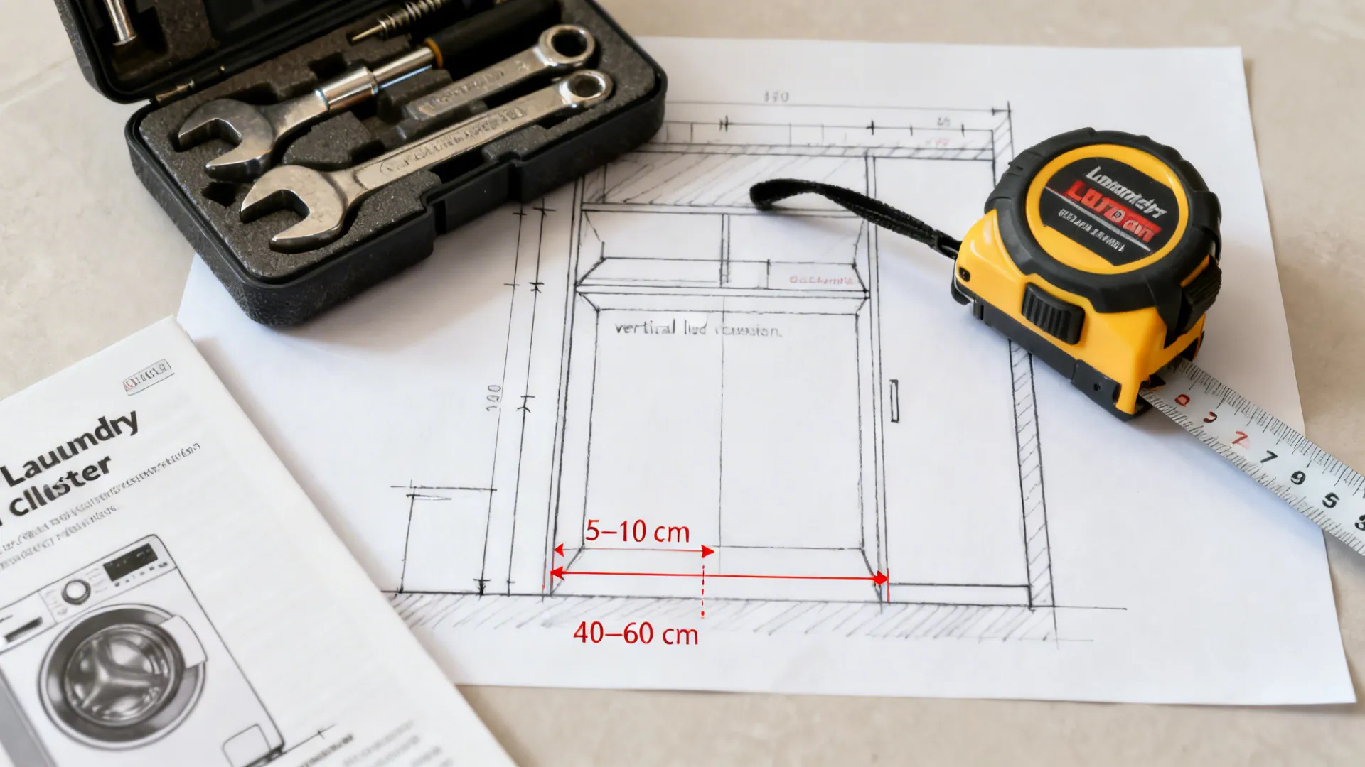 Floor plan sketch with measuring tape and toolkit demonstrating washer and lid clearance guidelines.