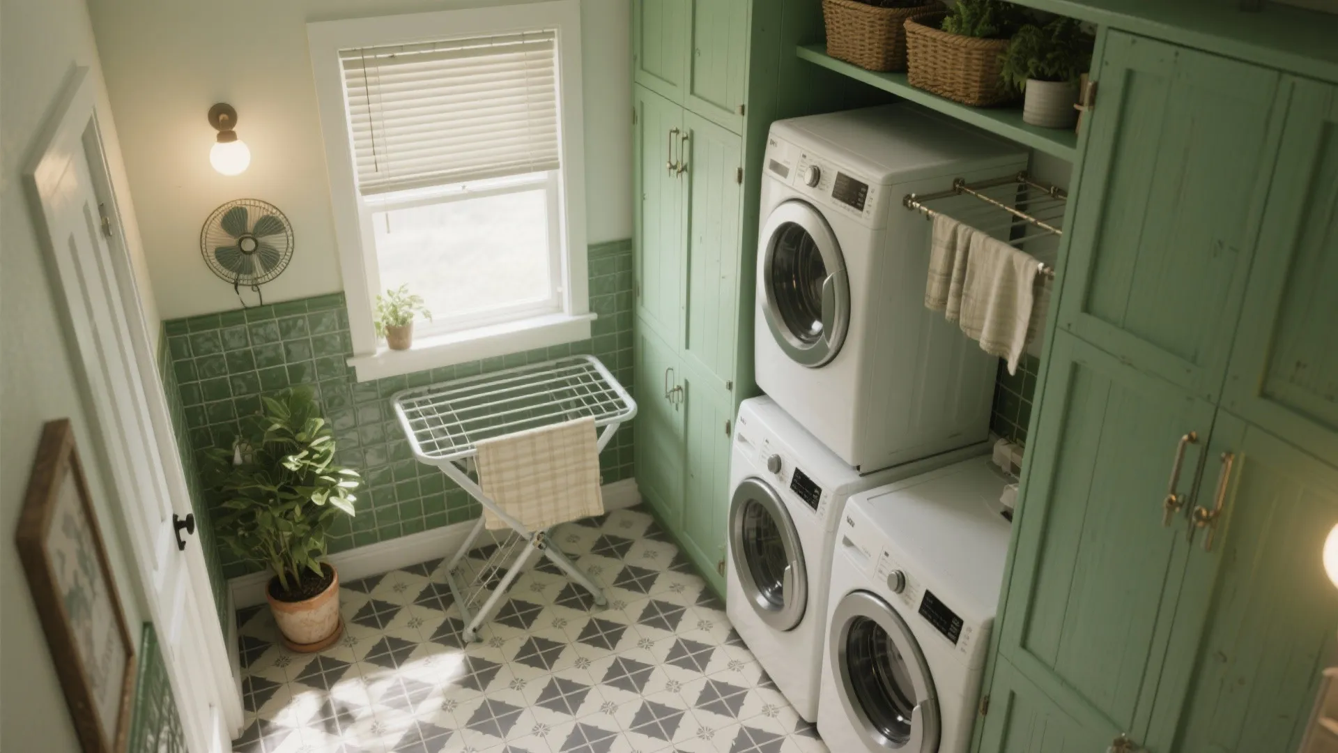 Small laundry room layout with green cabinets white washing machines patterned floor and drying rack