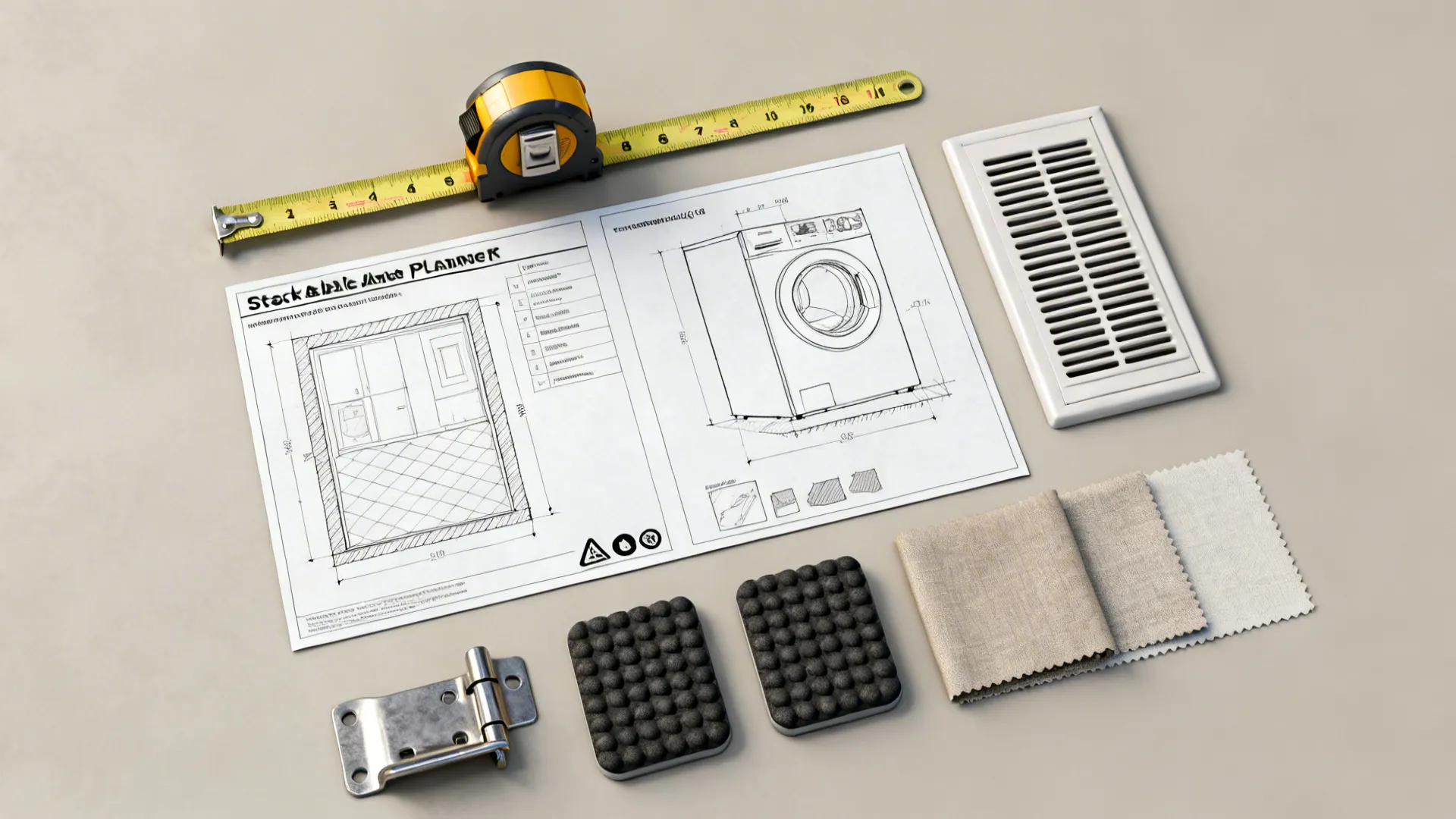 Flatlay of tools and diagrams for planning a stackable washer dryer installation.