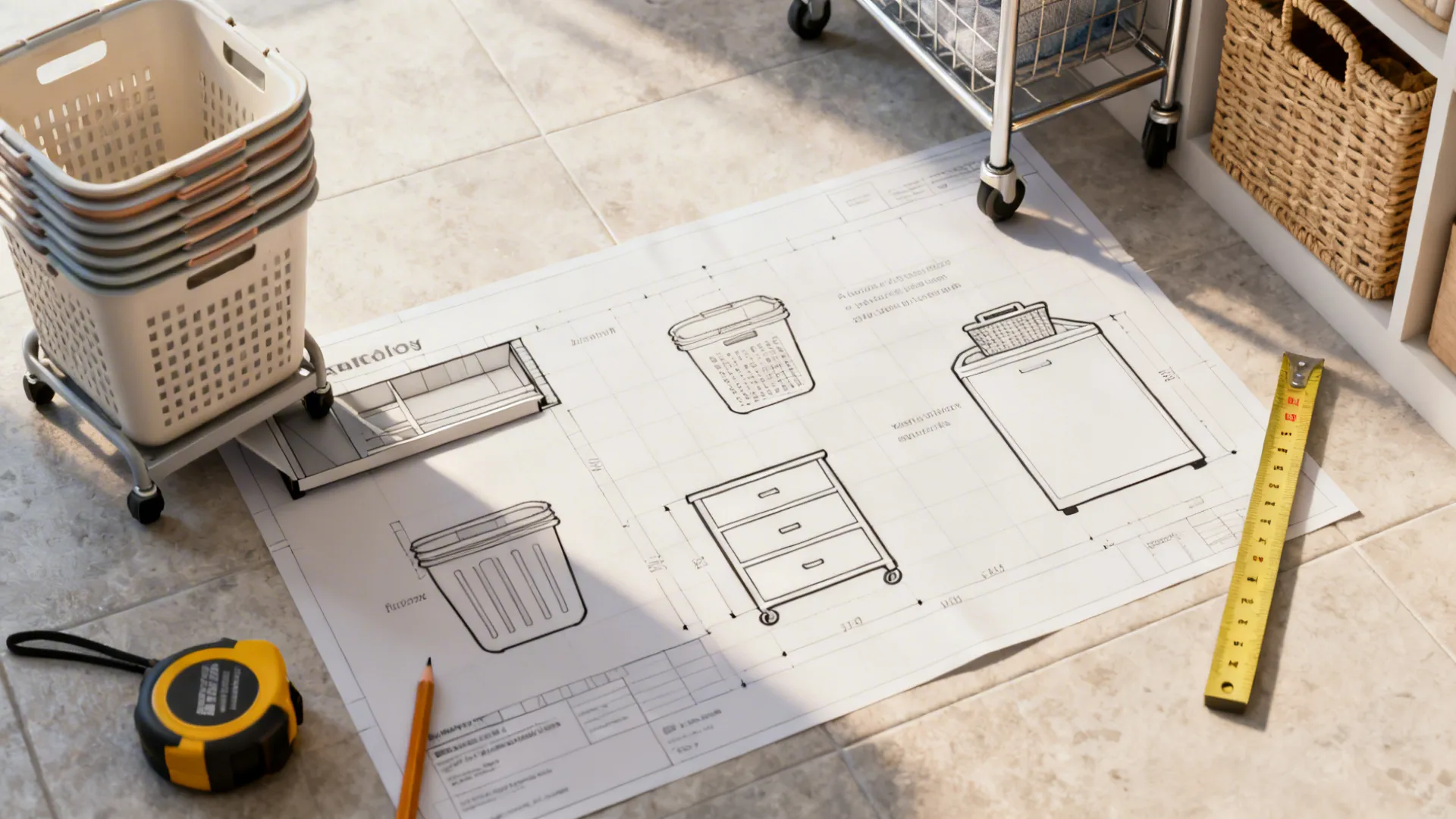 Top-down floorplan mockup showing small laundry layout options and measuring tools.