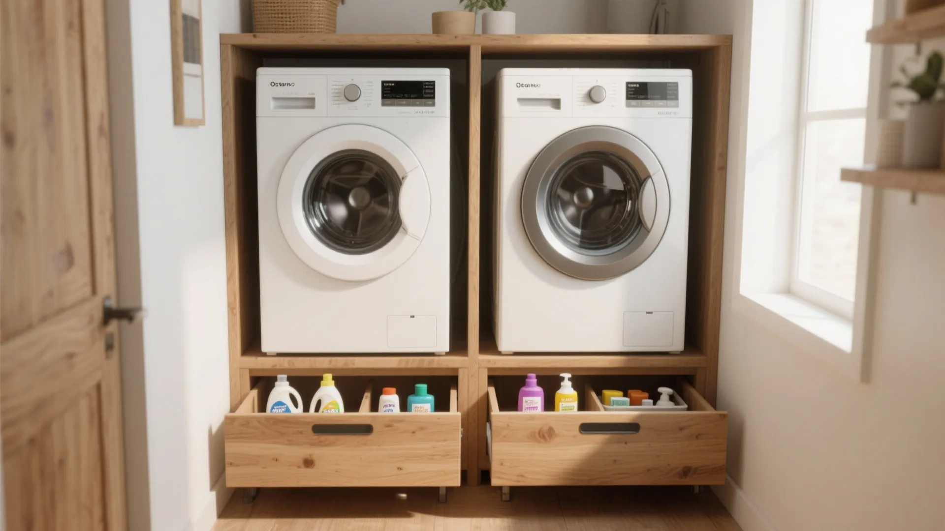 Front-loader machines elevated on wooden platforms with storage drawers