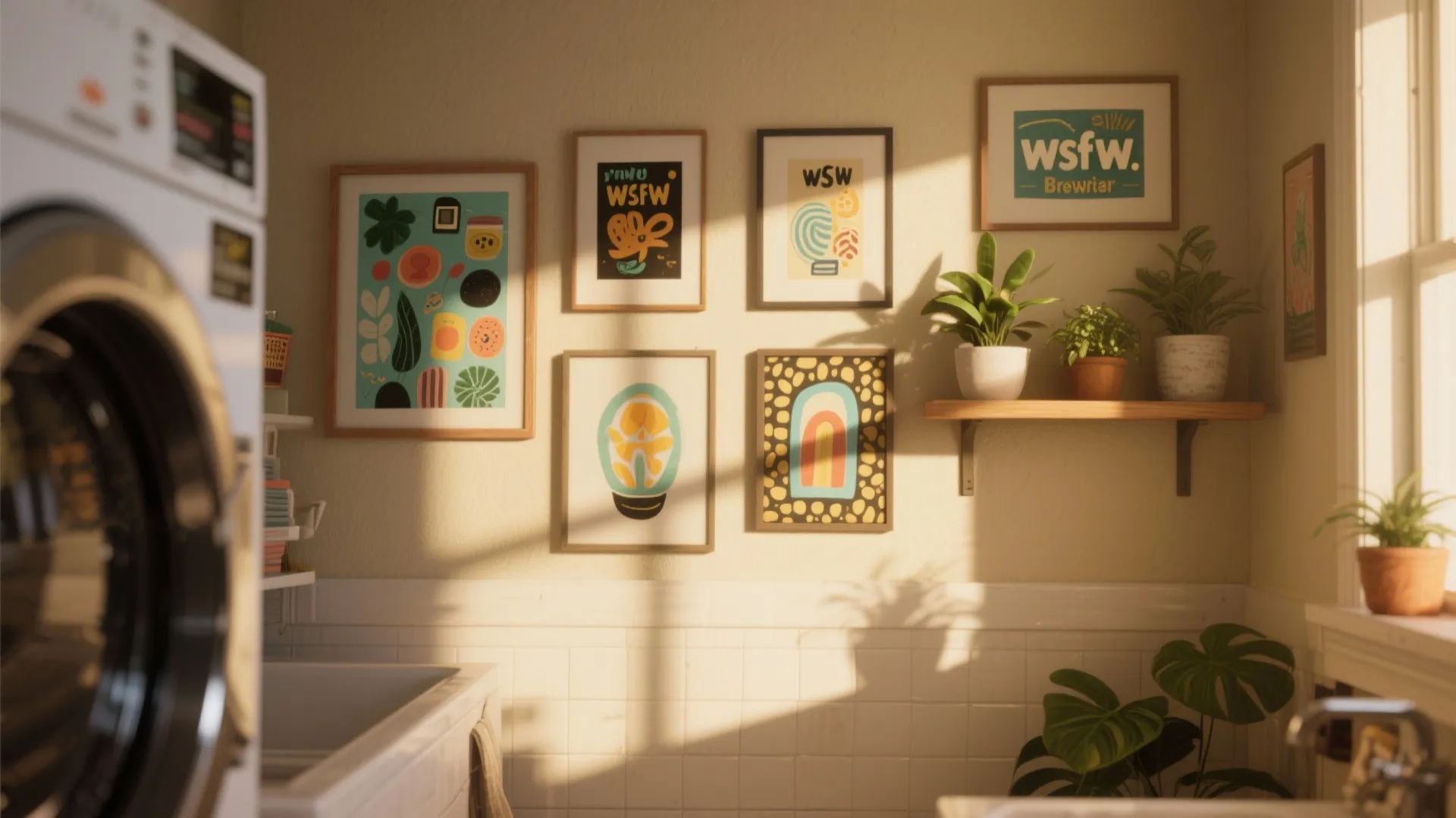 Laundry room wall with quirky framed artwork and decor