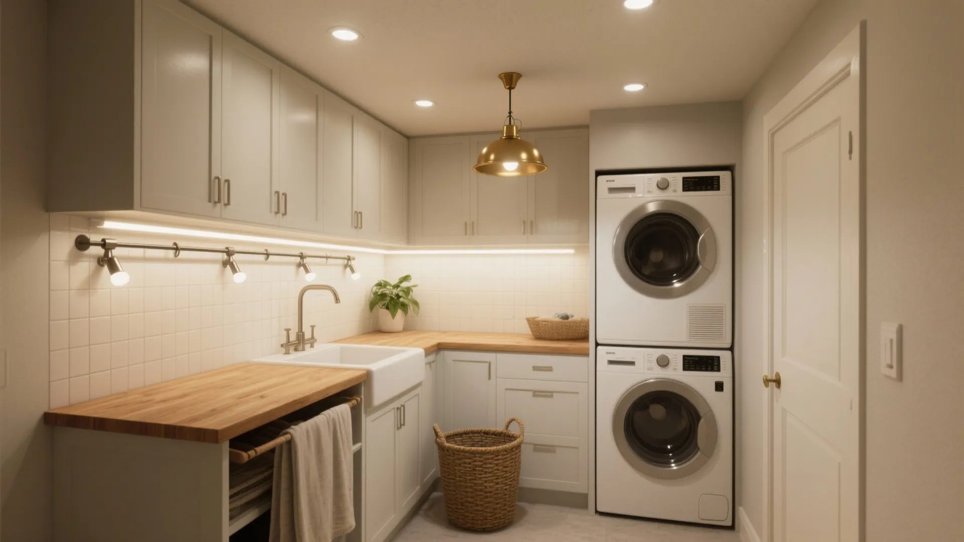 Well lit laundry room with stacked washer dryer white cabinets wooden countertop and gold ceiling light