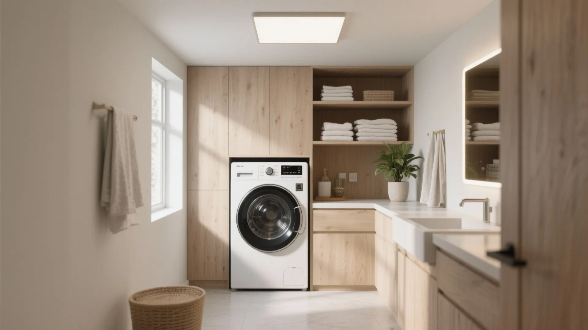 Modern laundry room with white washing machine wooden cabinets white sink mirror and soft natural lighting