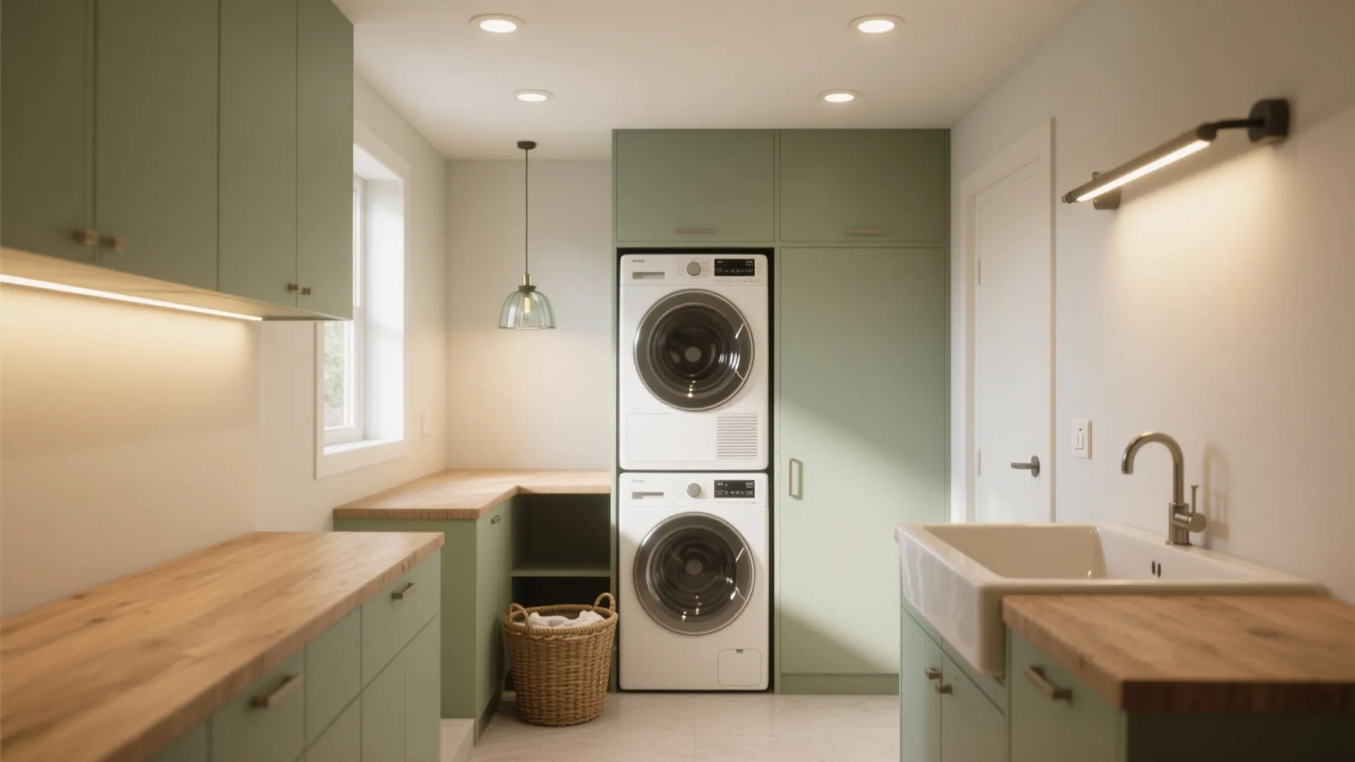 Green laundry room with stacked washing machine dryer combo wooden countertops sink and wall light