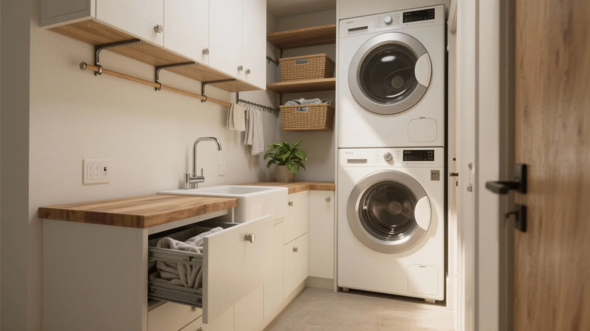 Modern laundry room with stacked washing machine dryer white cabinets wooden countertop and a small sink
