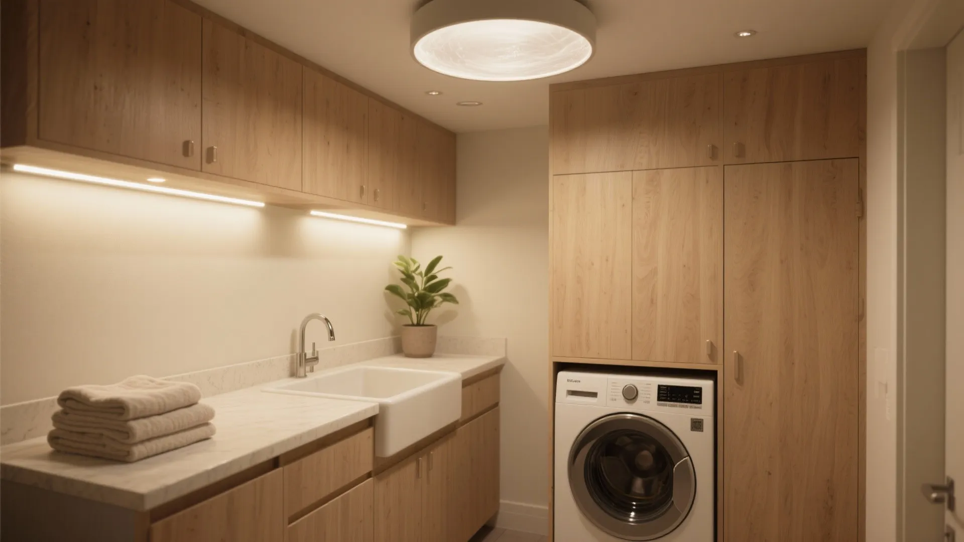 Modern laundry room with wooden cabinets white sink washing machine and warm round ceiling light