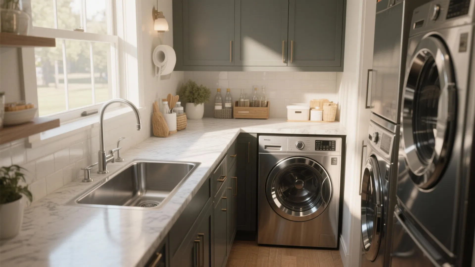 Modern laundry room with green cabinets silver washing machine stainless steel sink and white windows