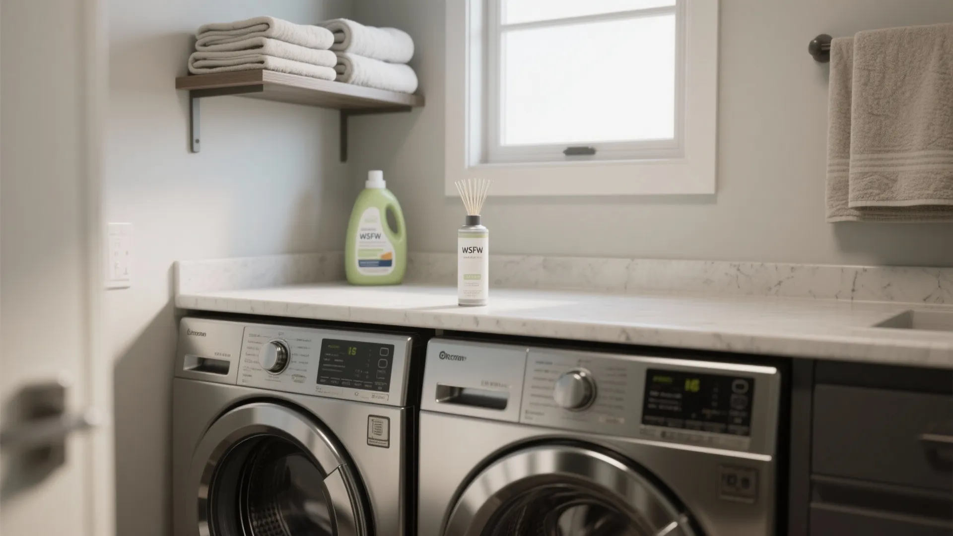 Laundry room shelf above machines with a compact odor neutralizer placed to reduce stale air without clashing with detergents.