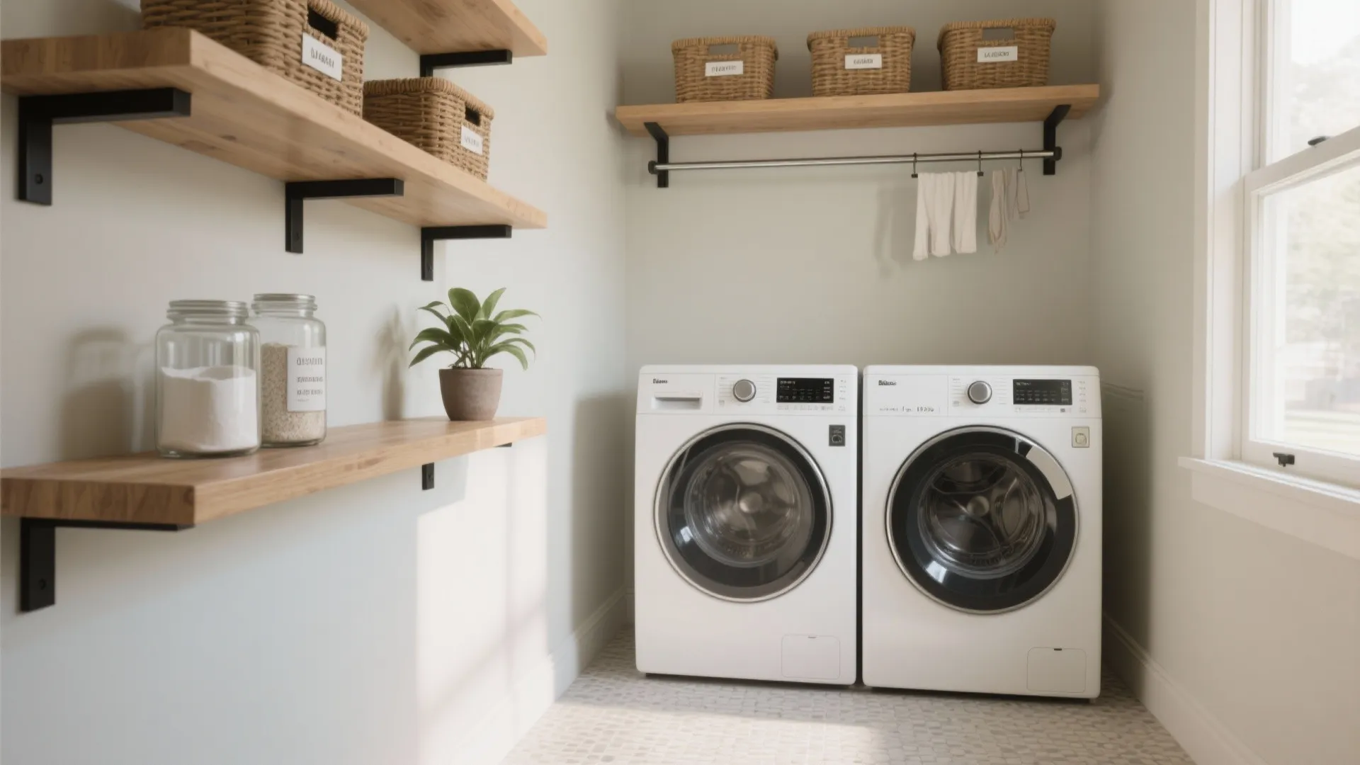 Bright laundry room with washing machines wood wall shelves storage baskets and small green plant