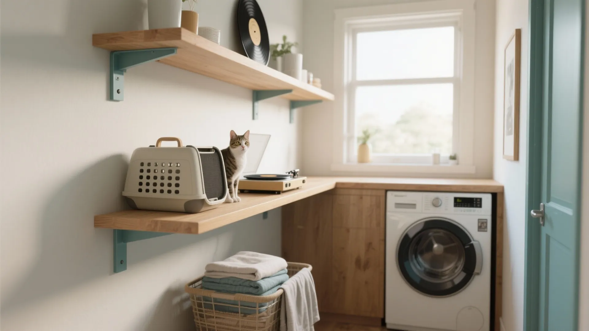 Modern laundry room featuring wooden wall shelves a white washing machine cat carrier and natural light