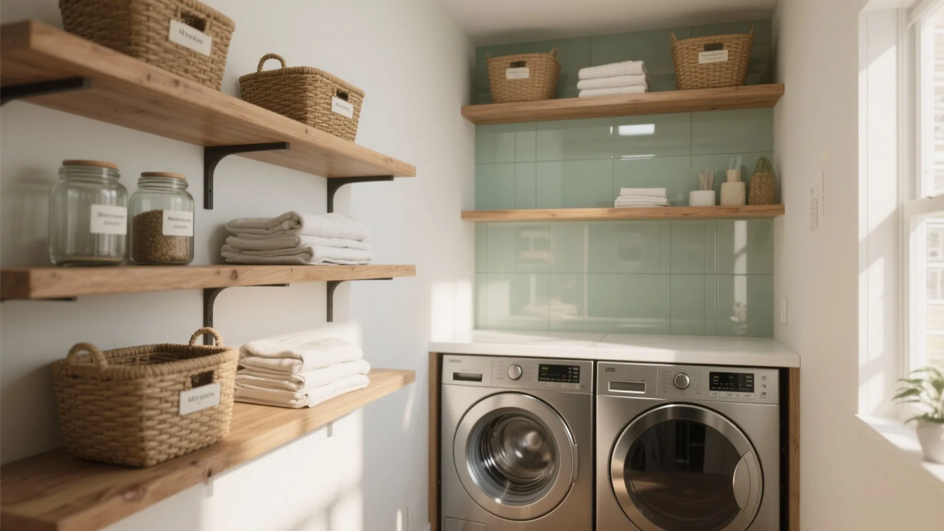 Modern laundry room with wooden shelves holding baskets and towels next to silver washing machines