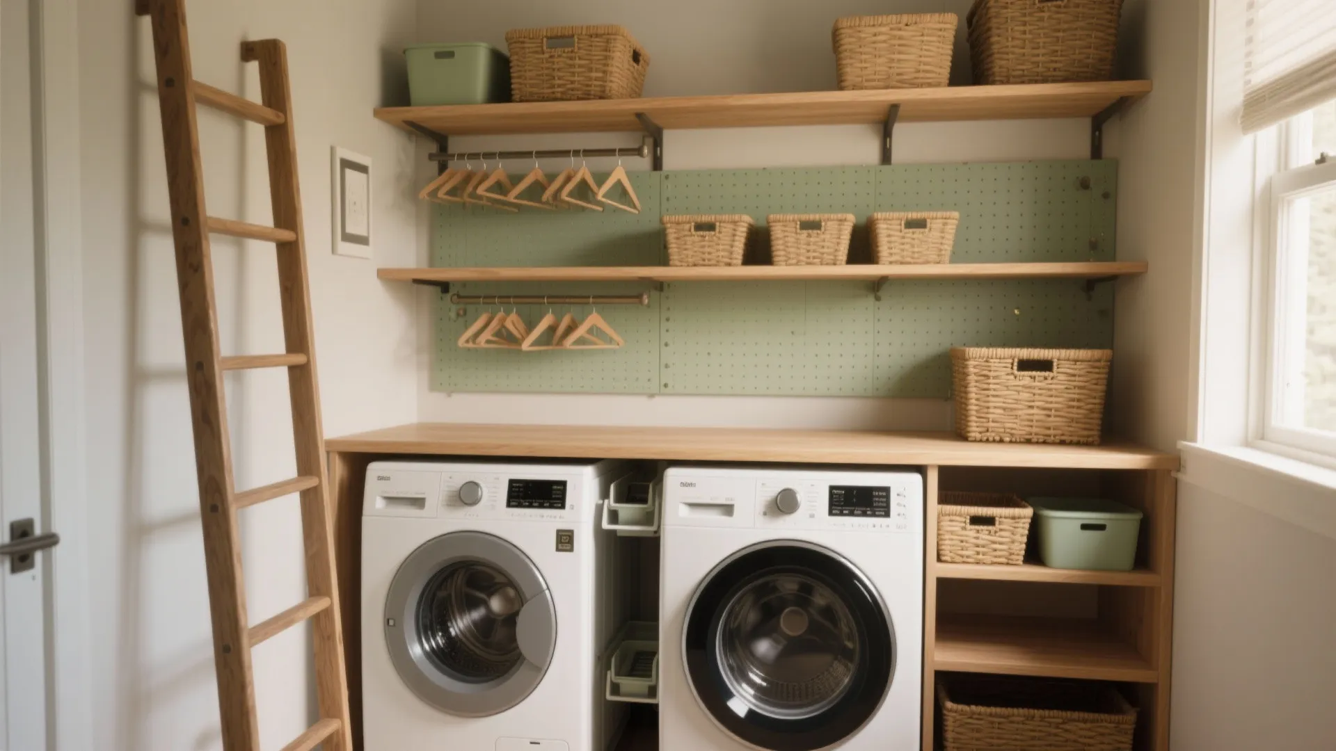 Laundry room with two washing machines under wooden shelves with hangers and woven storage baskets