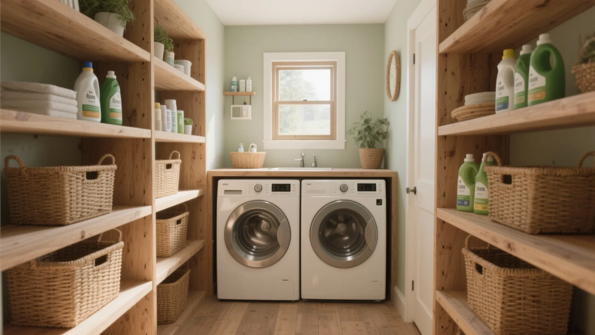 Laundry room with washing machines and wooden shelves holding woven baskets and various cleaning products