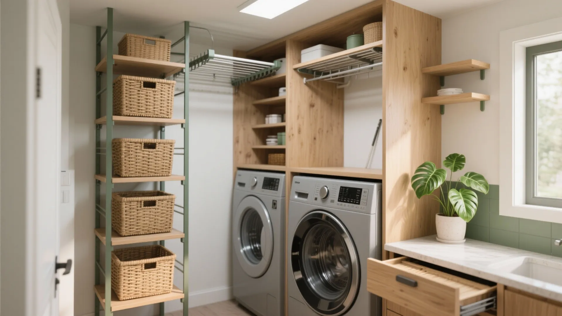Laundry room with wooden cabinets and shelves holding woven baskets over two grey washing machines