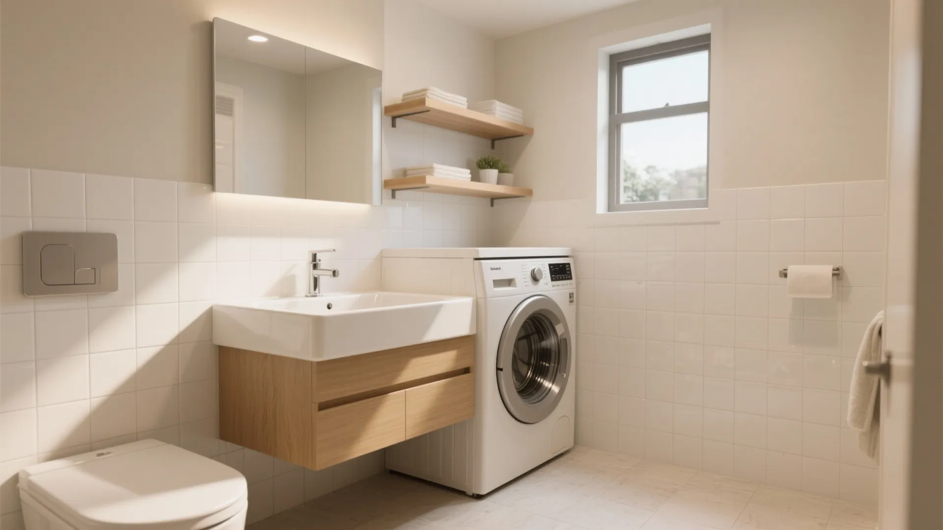 Modern white bathroom featuring floating wooden sink cabinet with washing machine and wooden wall shelves