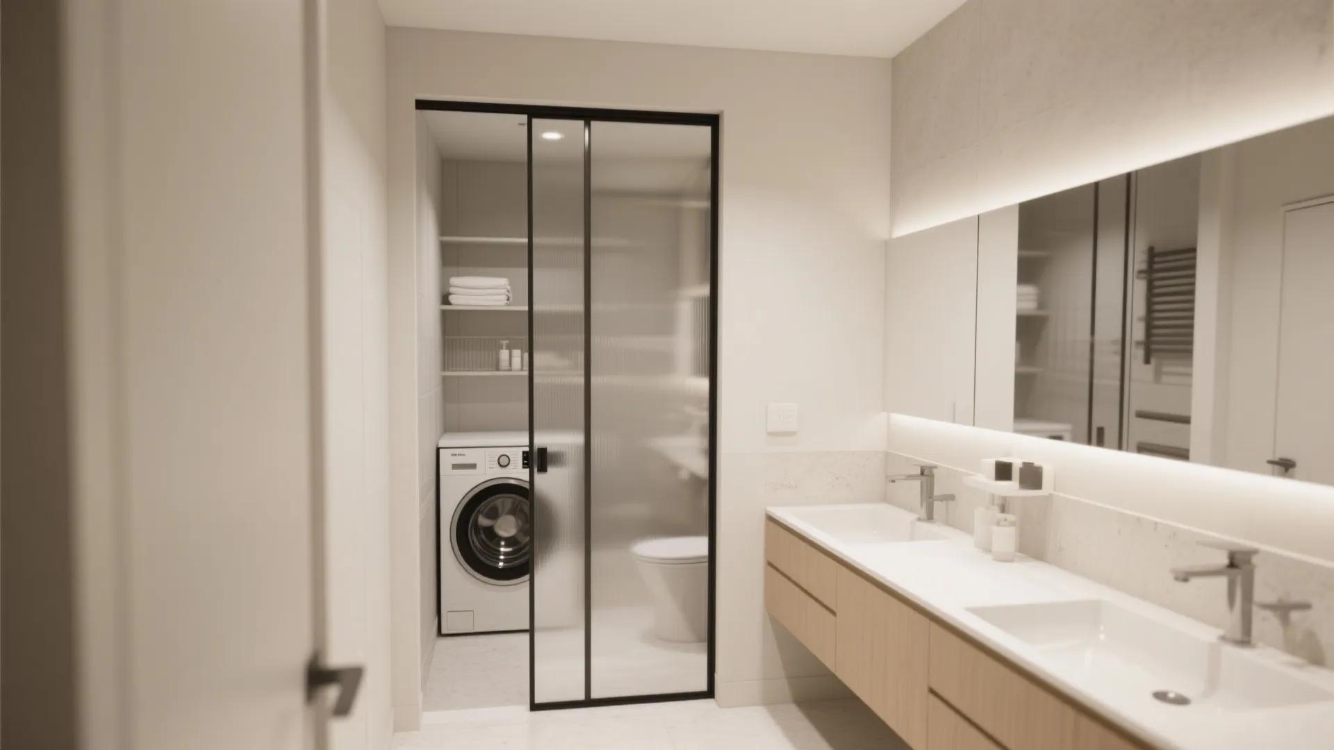 Modern bathroom with double sink cabinet wooden vanity and glass sliding door to laundry room