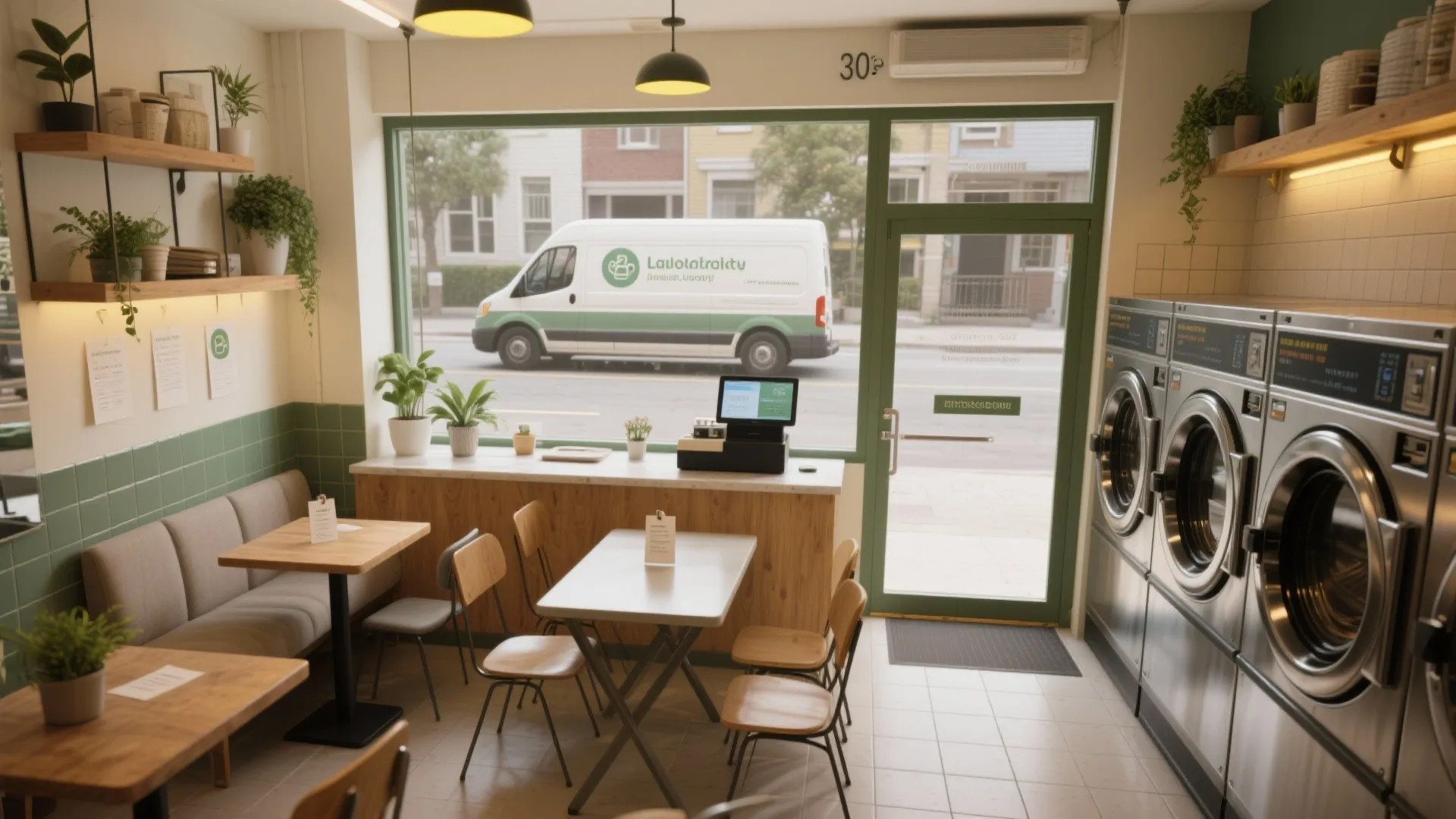 Modern laundry shop with washing machines wood tables chairs green plants and large window street view