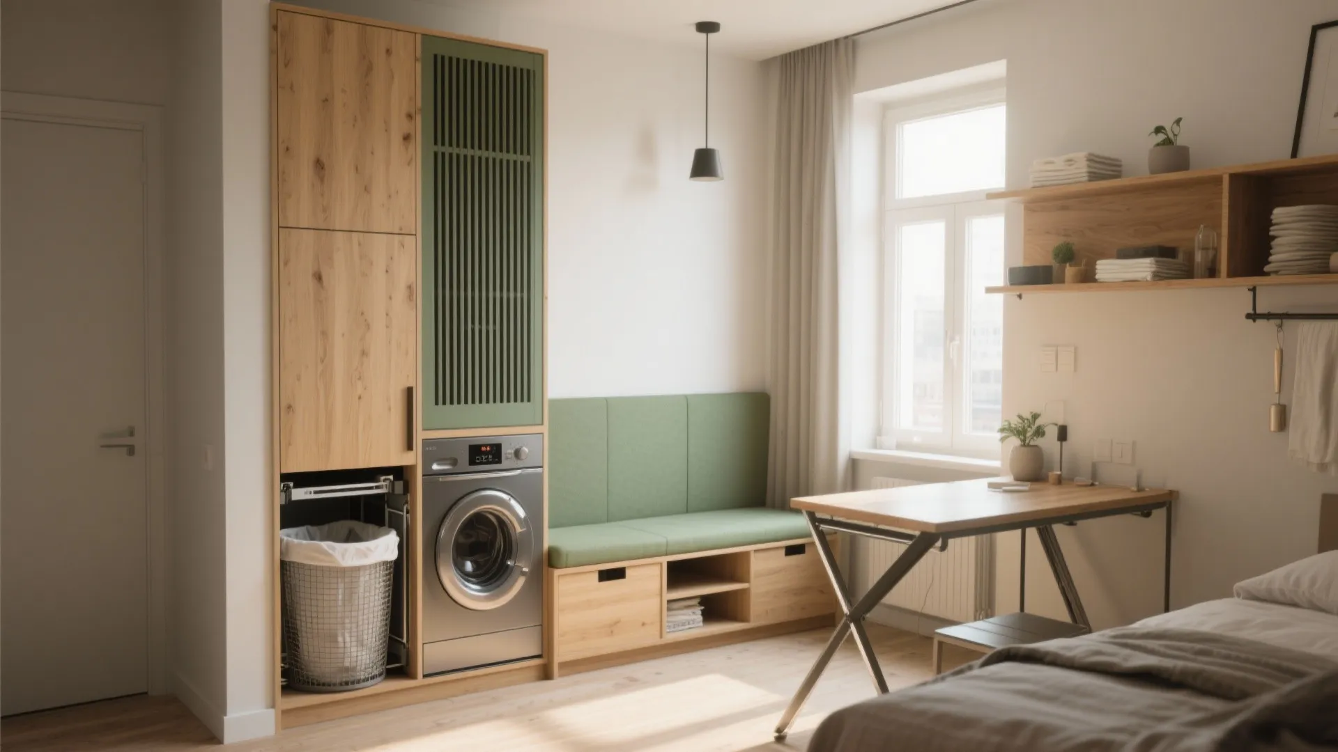 Modern studio apartment with tall wooden cabinet green bench integrated washing machine and small table
