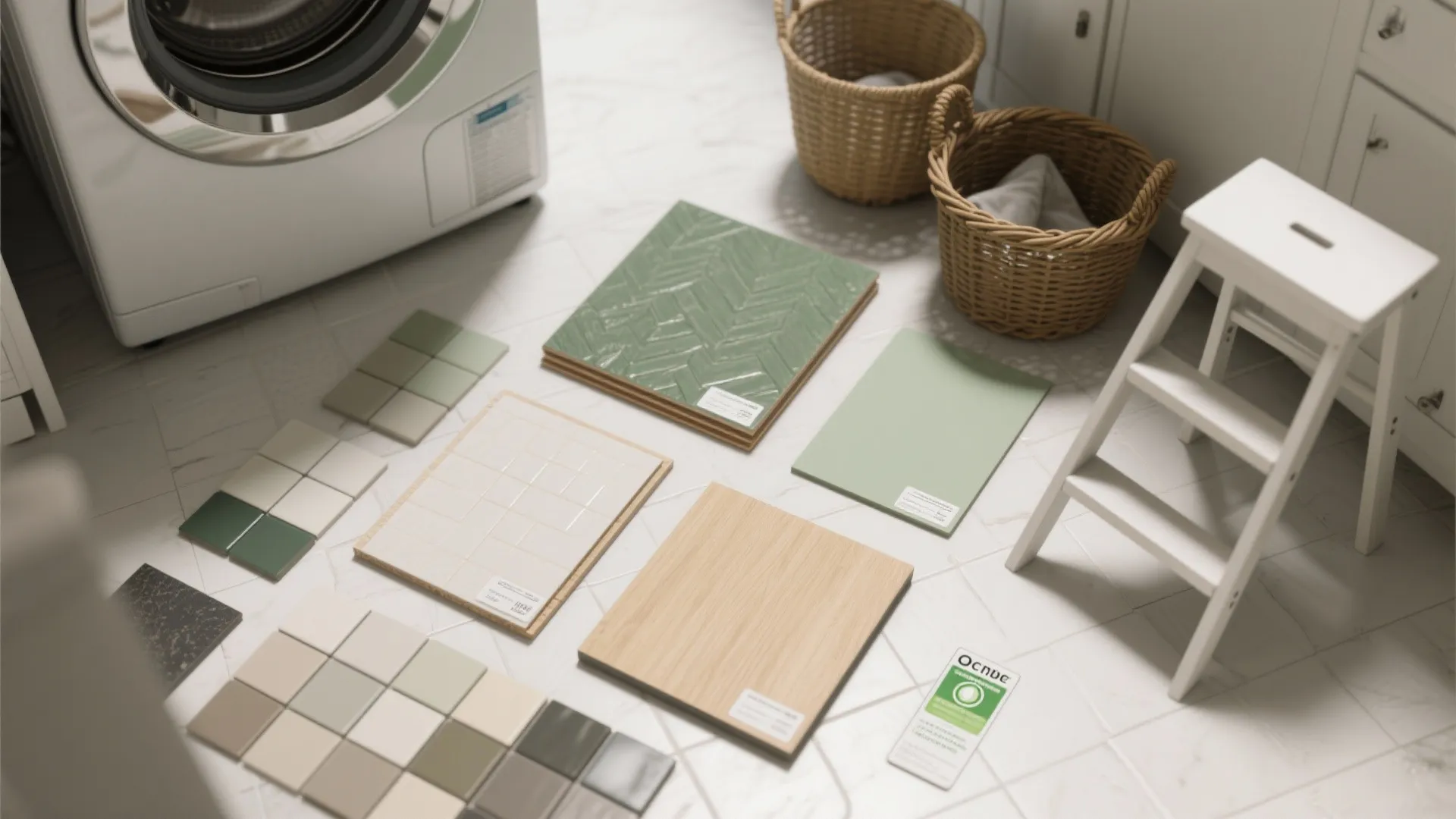 Green and white tiles with wood floor samples placed near a white washing machine floor