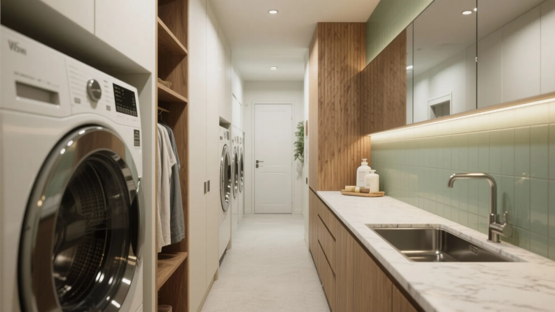 Modern laundry room with white washing machine wood cabinets marble countertop sink and green wall tiles