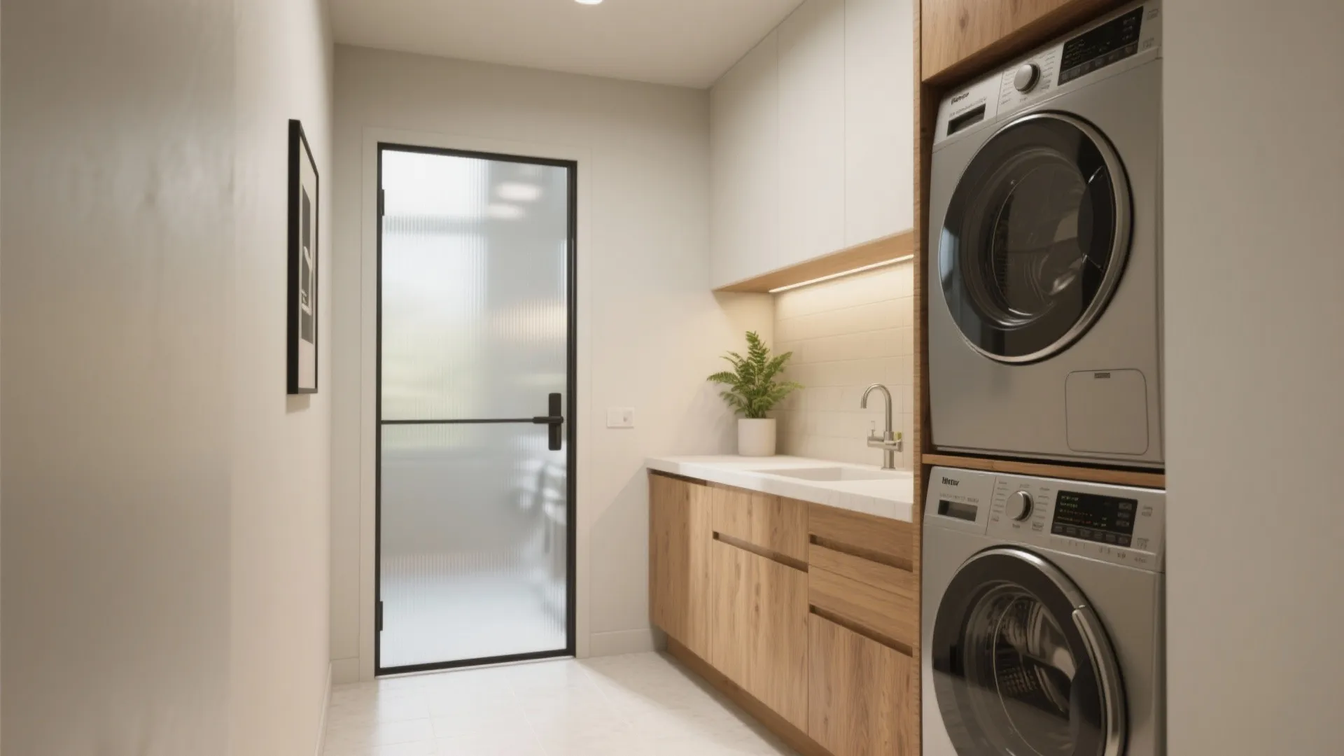 Modern laundry room featuring stacked washing machine dryer wooden cabinets white countertop and glass door