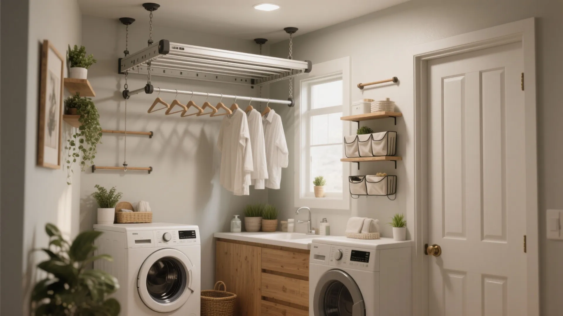Modern laundry room with washing machines wood cabinets hanging clothes rack white walls and natural light