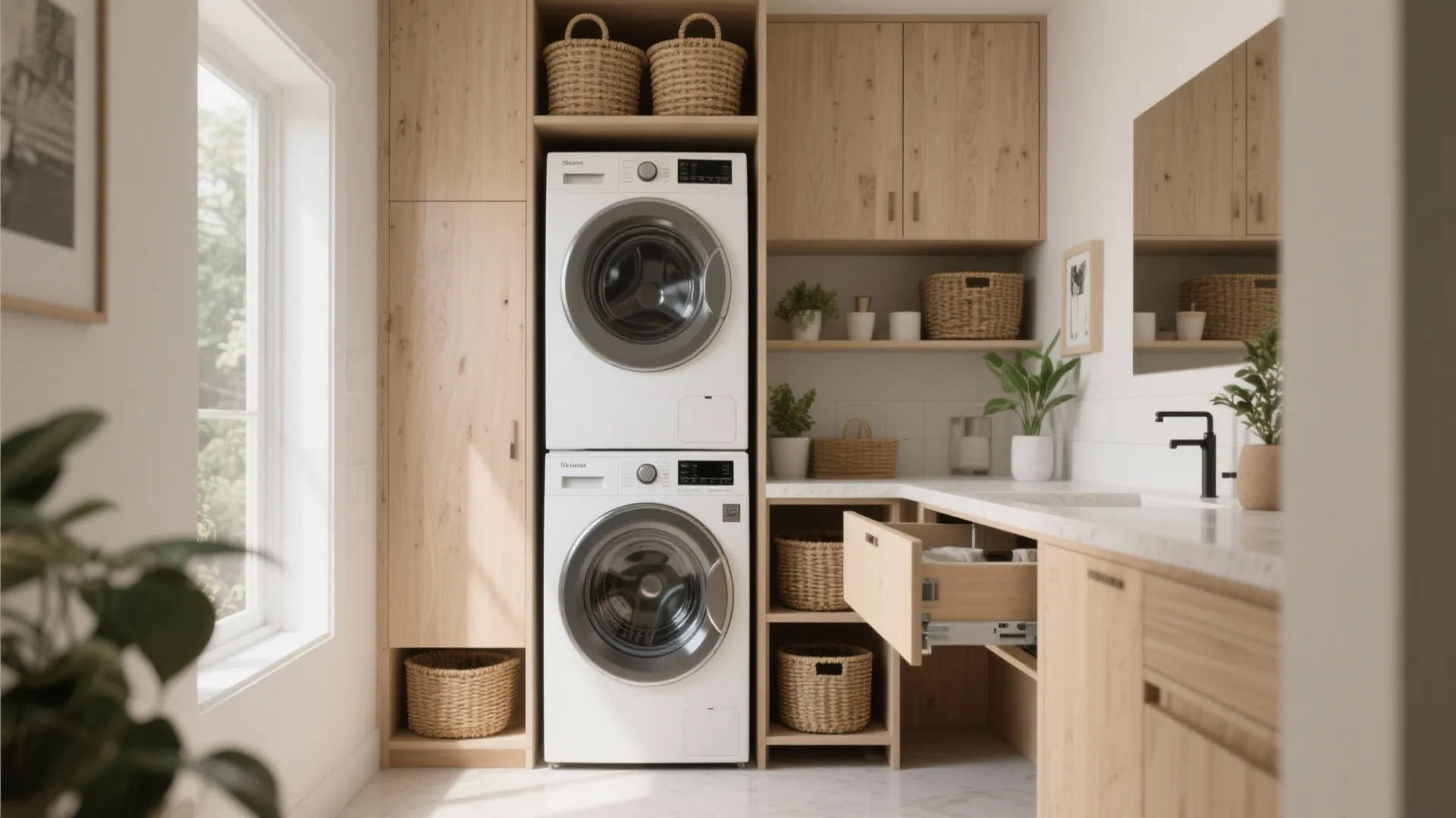 Serene compact laundry scene with stacked washer dryer, pull-out storage and warm wood finishes summarizing space-saving ideas.