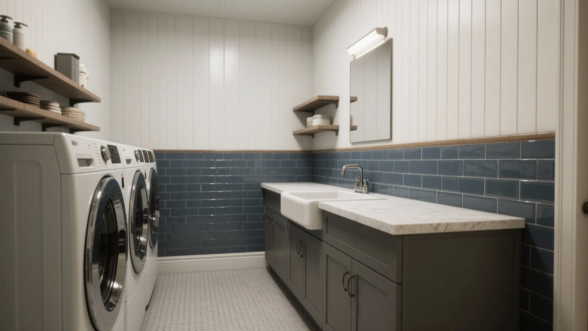 Modern laundry room with washing machines blue wall tiles white sink and grey cabinets under light