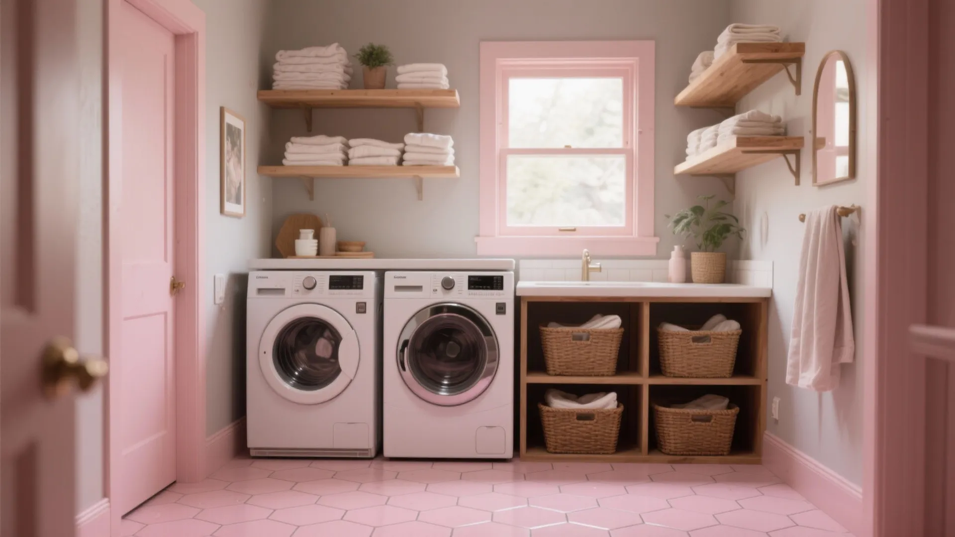 Pink laundry room with white washing machines pink floor tiles wooden shelves and white towels