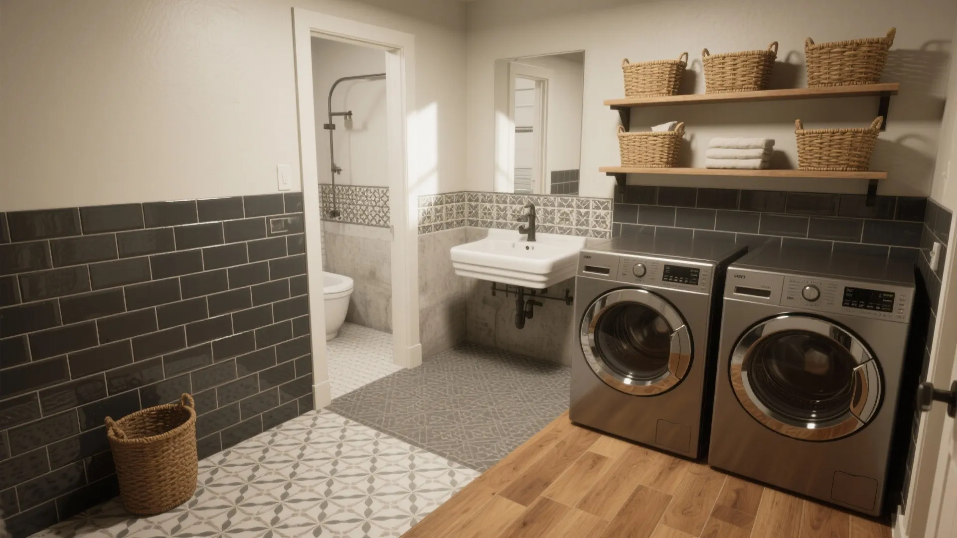 Laundry room with silver washing machines dark wall tiles patterned floor tiles and white sink