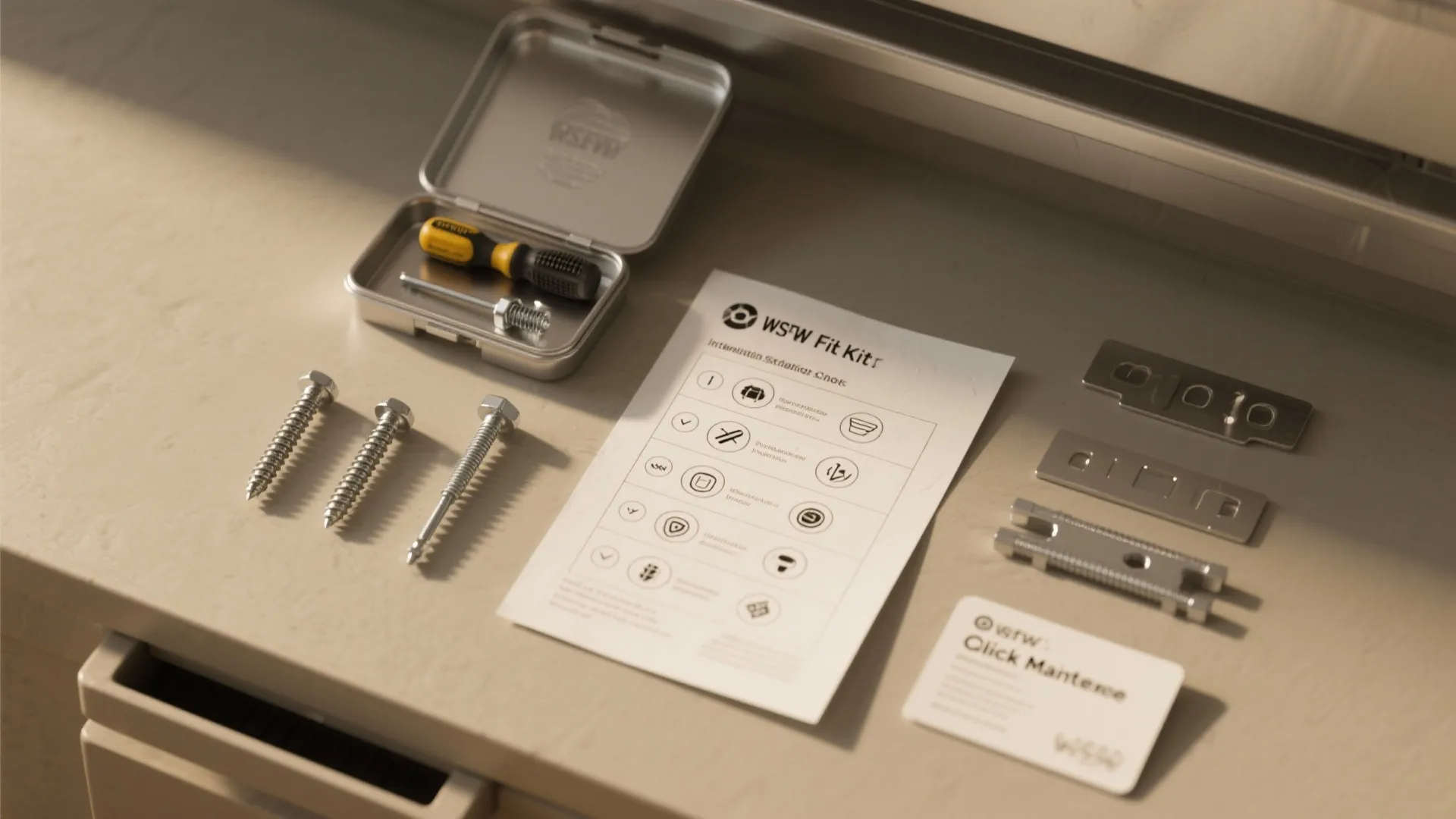 Top-down flatlay of an installation and maintenance checklist with hardware samples for laundry hangers.