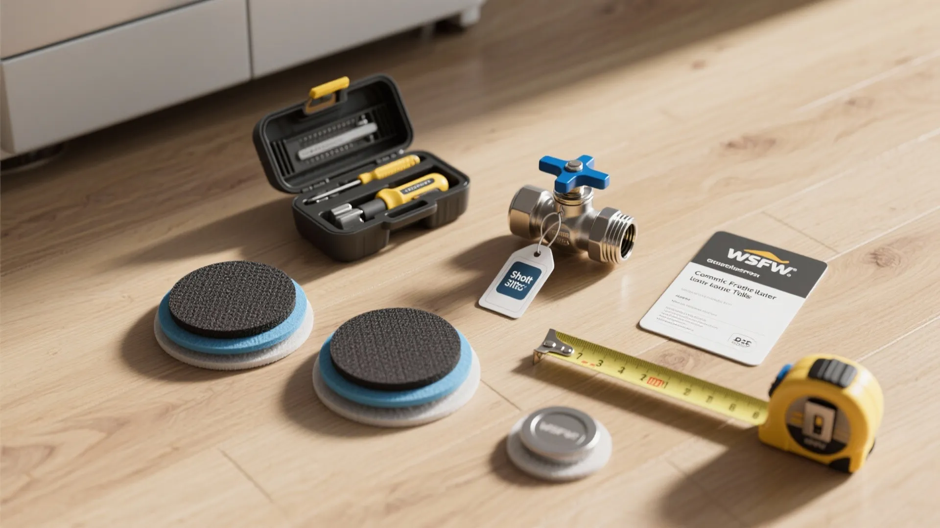 Flatlay of laundry tips items: anti-vibration pads, toolkit, labeled valve tags, tape measure and washer spec card.
