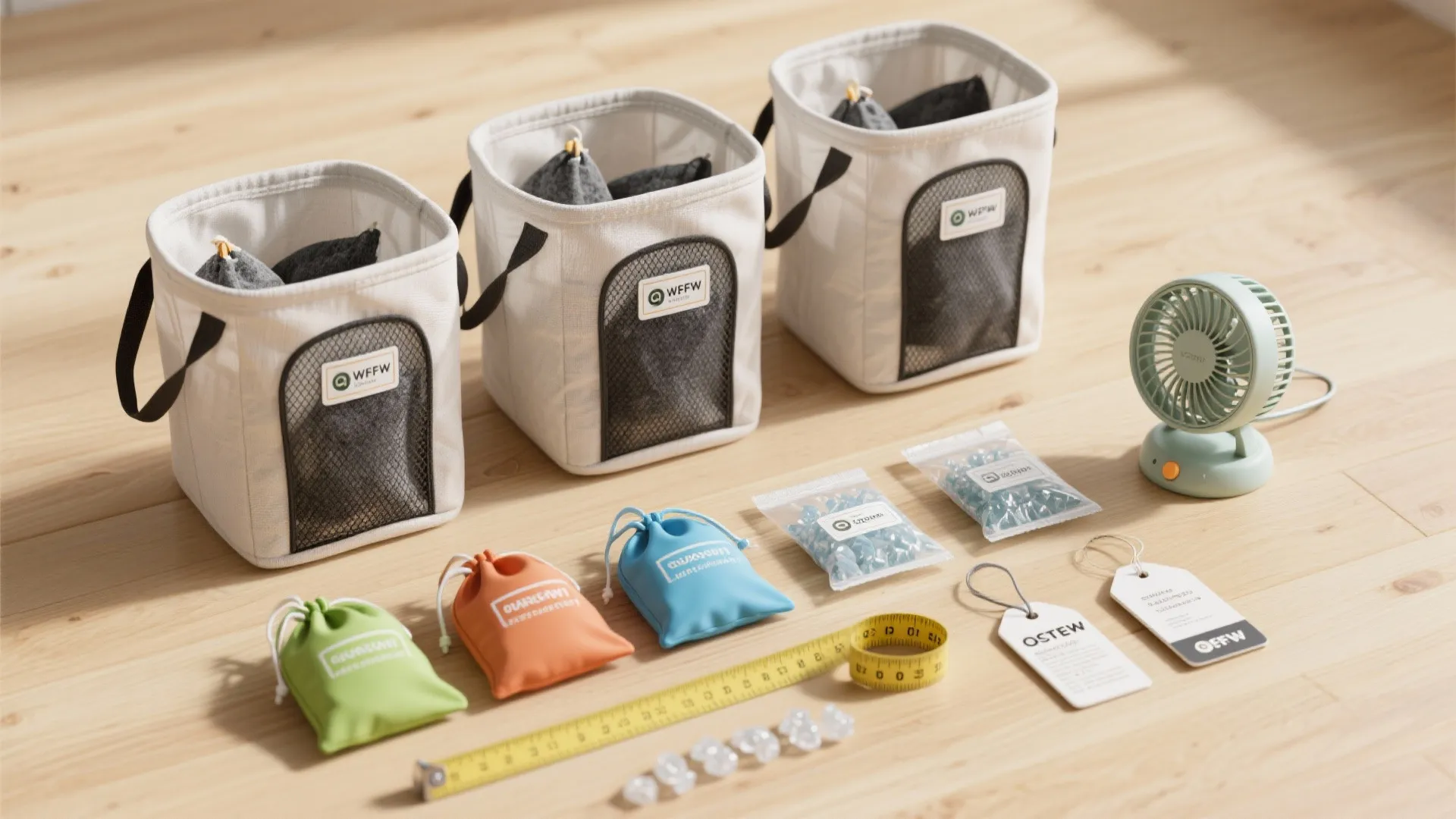 Laundry organization items including white baskets small colorful bags measuring tape and a portable fan