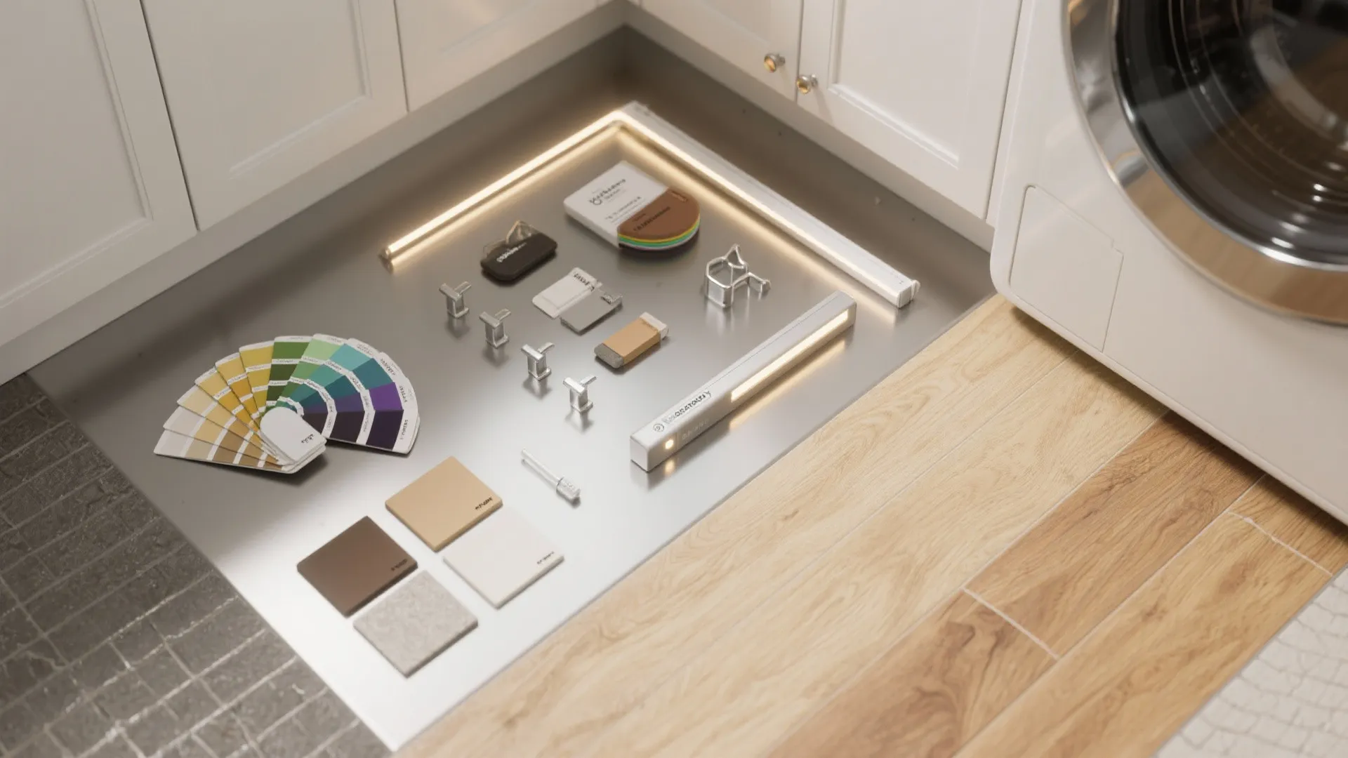 Collection of interior design materials color swatches and light fixtures laid on a laundry floor