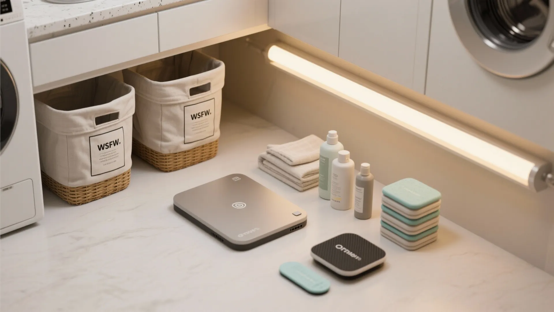 Laundry room counter with baskets and cleaning bottles organized under a bright under cabinet light