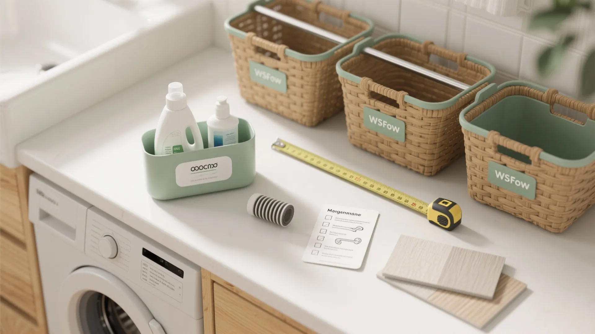 White countertop with washing machine, brown storage baskets, green bin, yellow measuring tape, and checklist