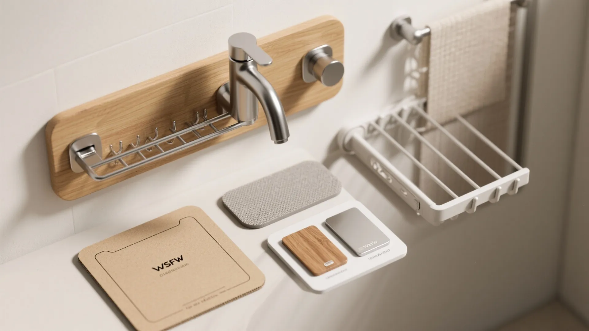 Flatlay of laundry room accessories including a water tap wood panels and a white basket
