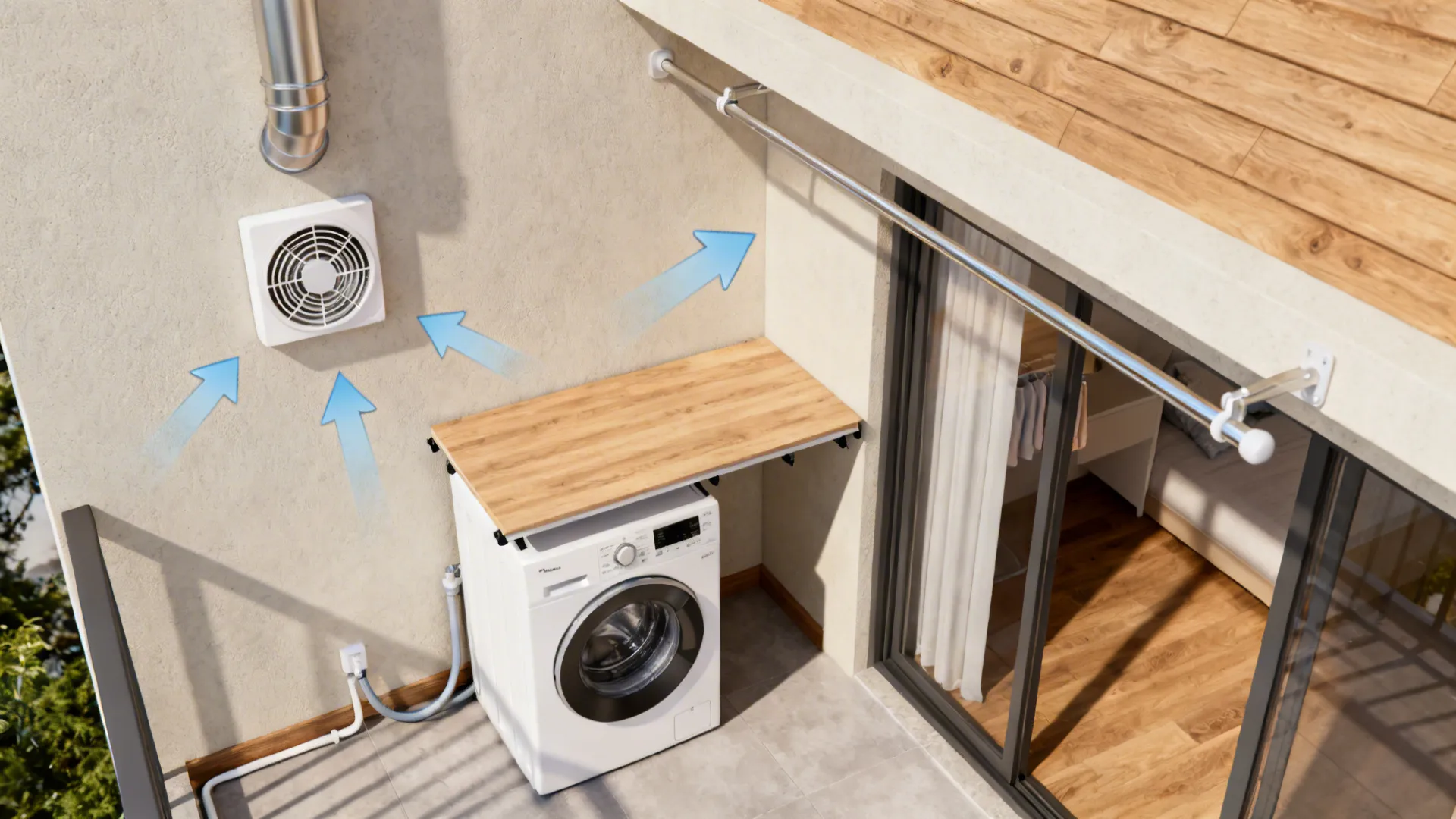 Top-down view of washer, fold-down counter, exhaust fan, and drying rod layout in a balcony.