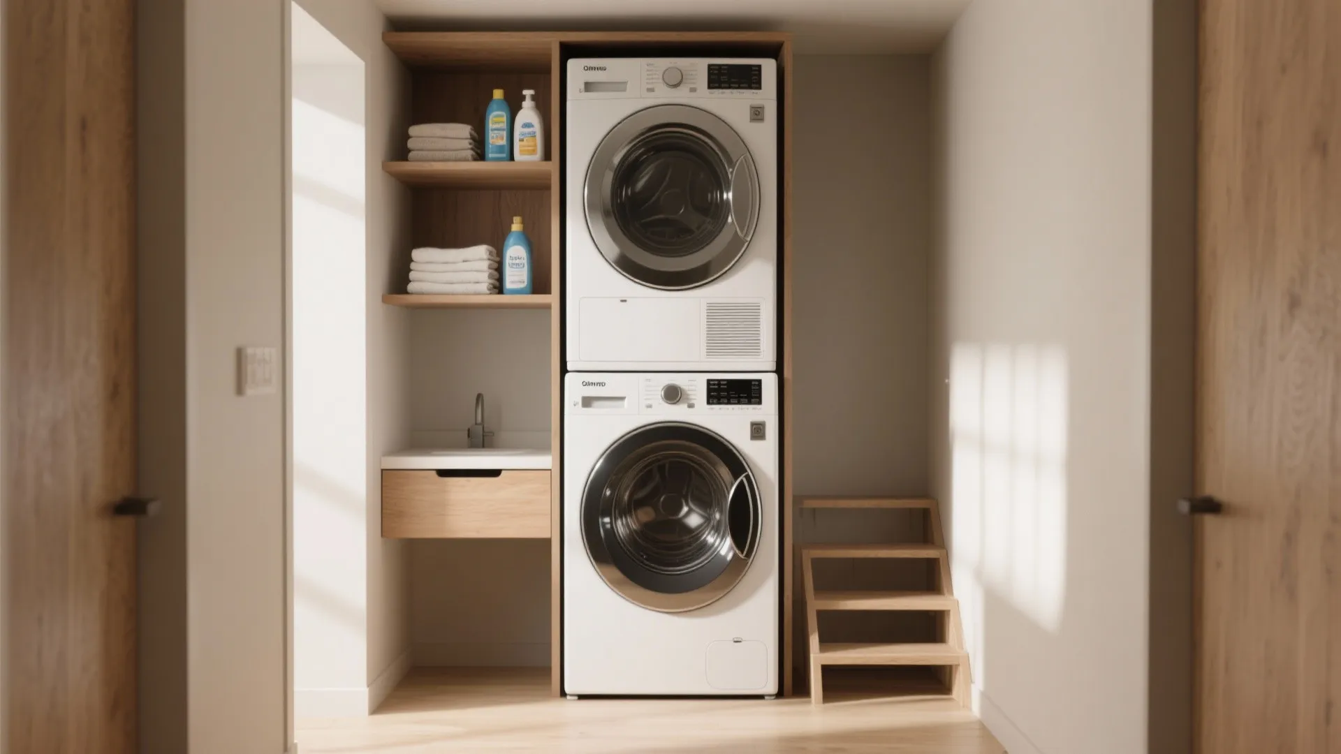 Modern laundry room with stacked washing machine and dryer inside a tall wooden cabinet unit