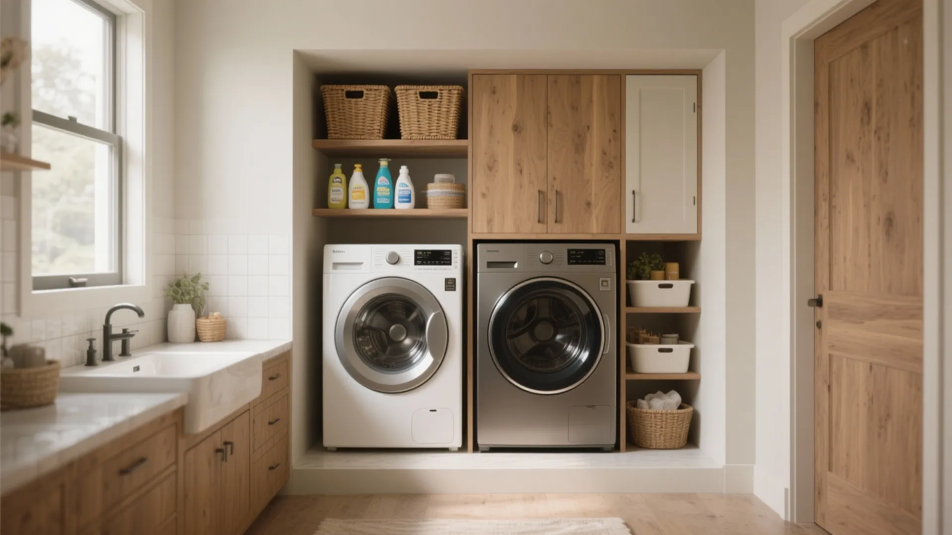 Bright laundry room with side by side washing machines wooden cabinets sink and natural window light