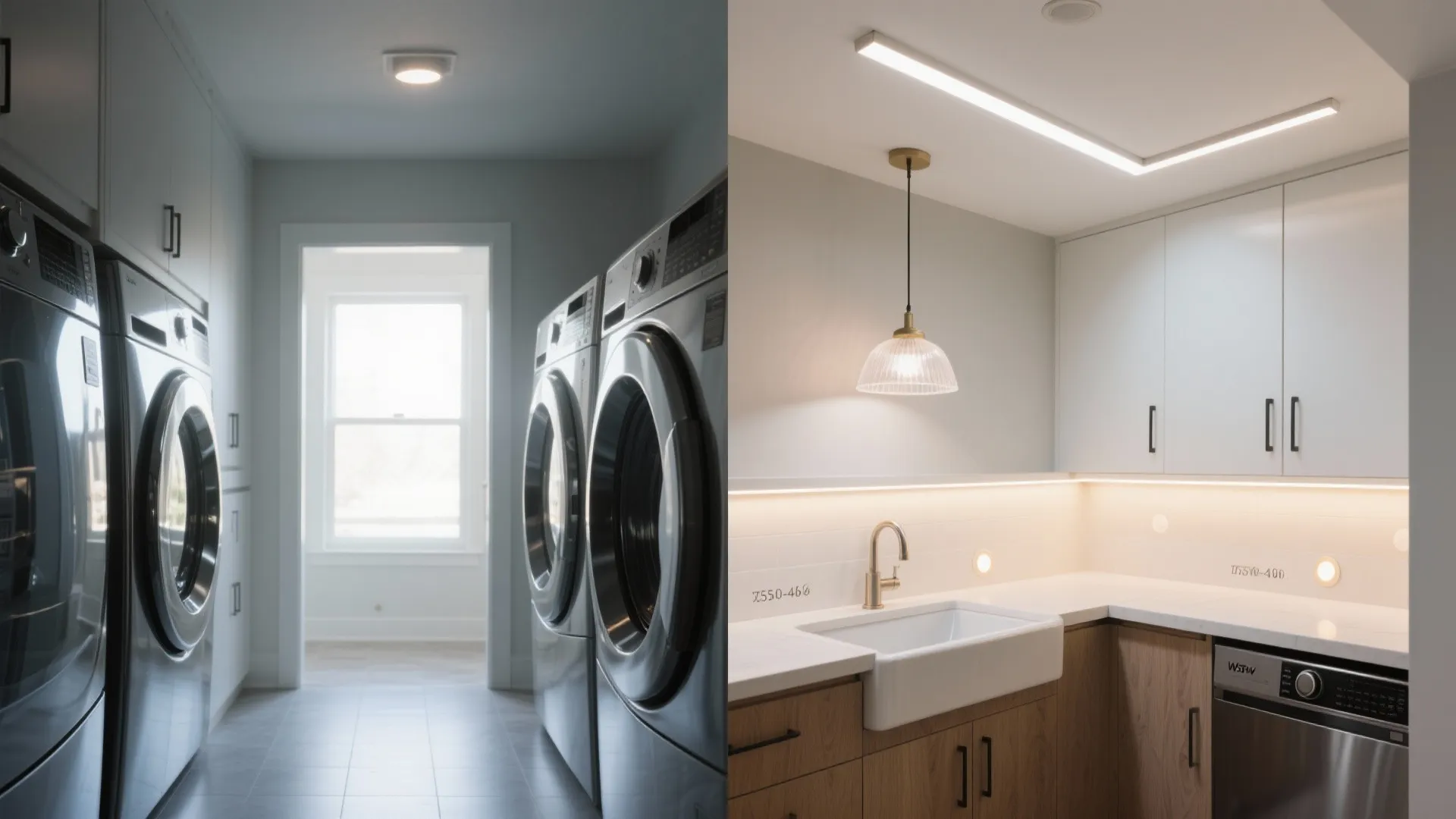 Laundry room before and after: from dim glare to layered, glare-free lighting with task beams and accents.