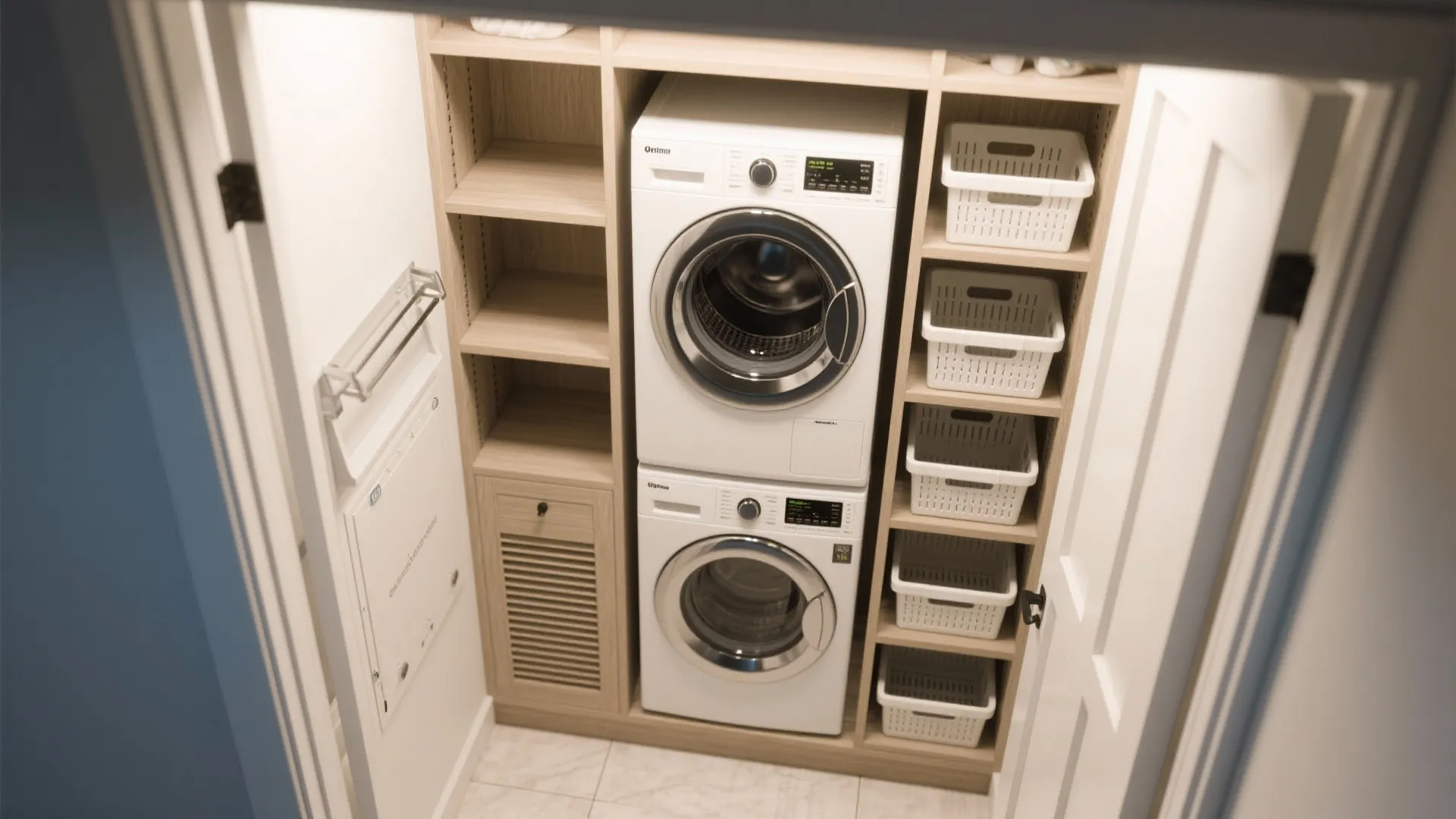 Small laundry closet with stacked white washing machines wooden shelves and white plastic storage baskets inside