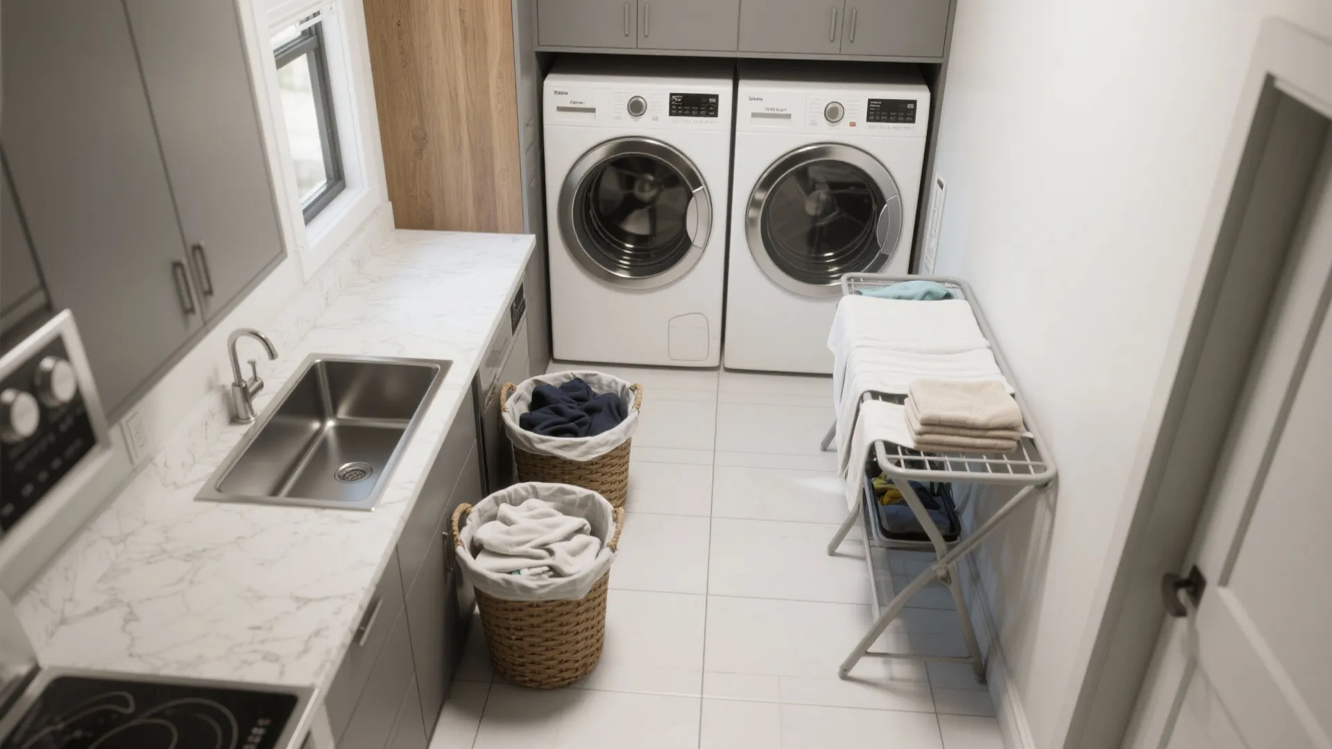 Modern laundry room featuring grey cabinets marble countertop sink two washing machines and laundry baskets